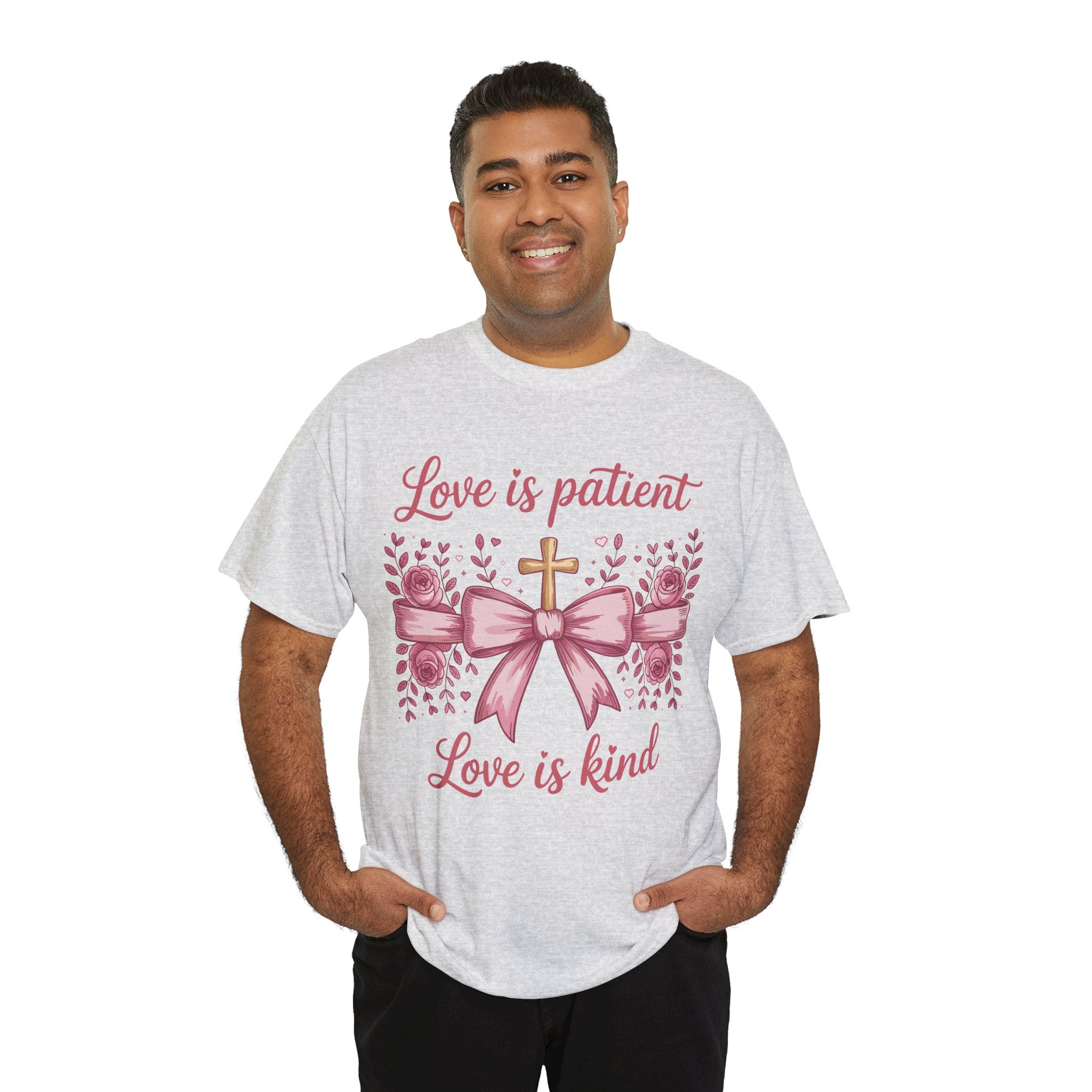 Christian Floral Tee — "Love is Patient, Love is Kind" Pink Rose Cross. Unisex Cotton Tee