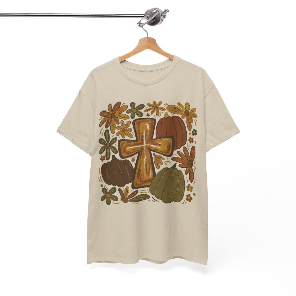 Autumn Cross Tee — Rustic Pumpkin & Fall Floral Christian Unisaex Cotton T-Shirt