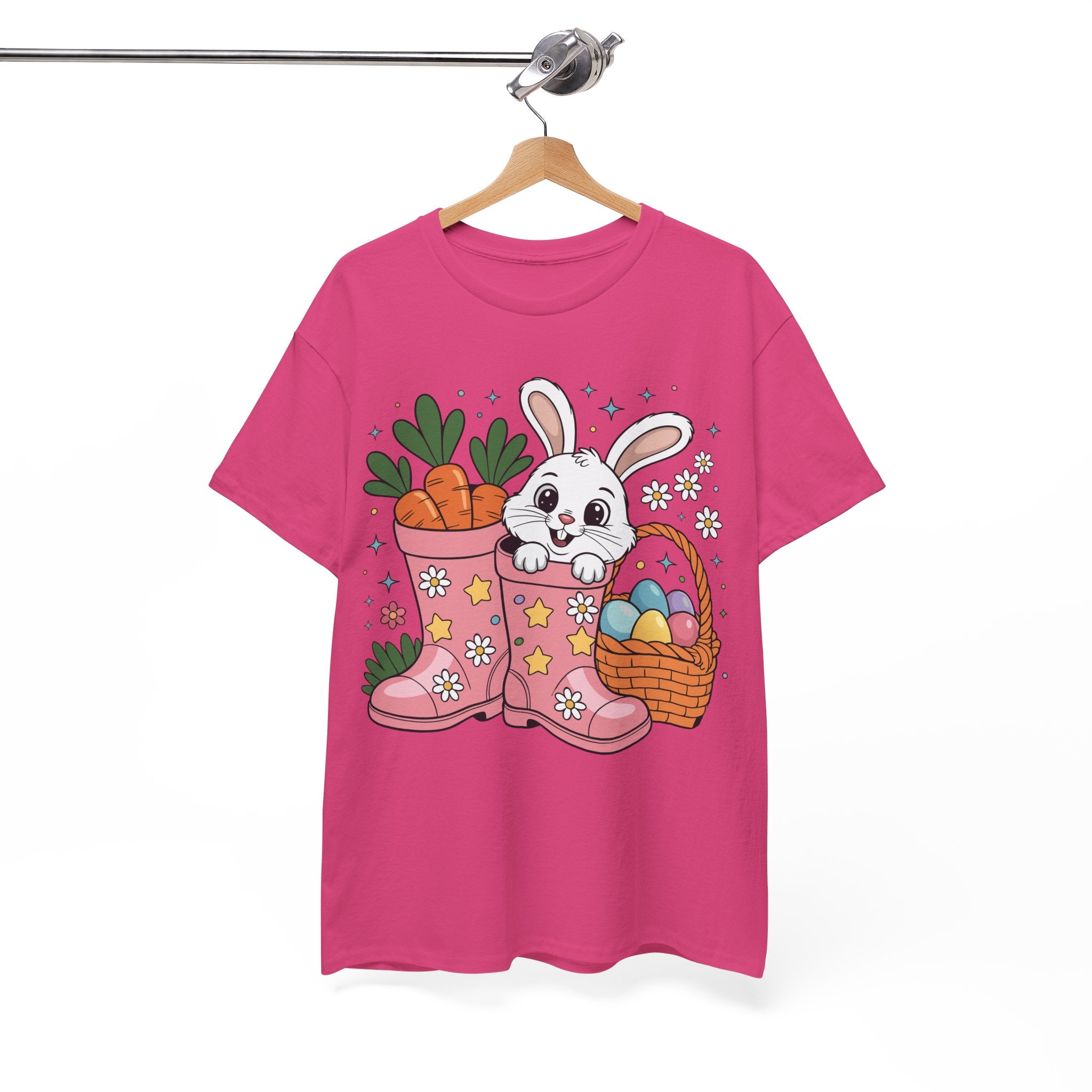 Easter Bunny in Pink Rain Boots T-Shirt — Cartoon Bunny, Carrots & Colorful Eggs Unisex Cotton Tee