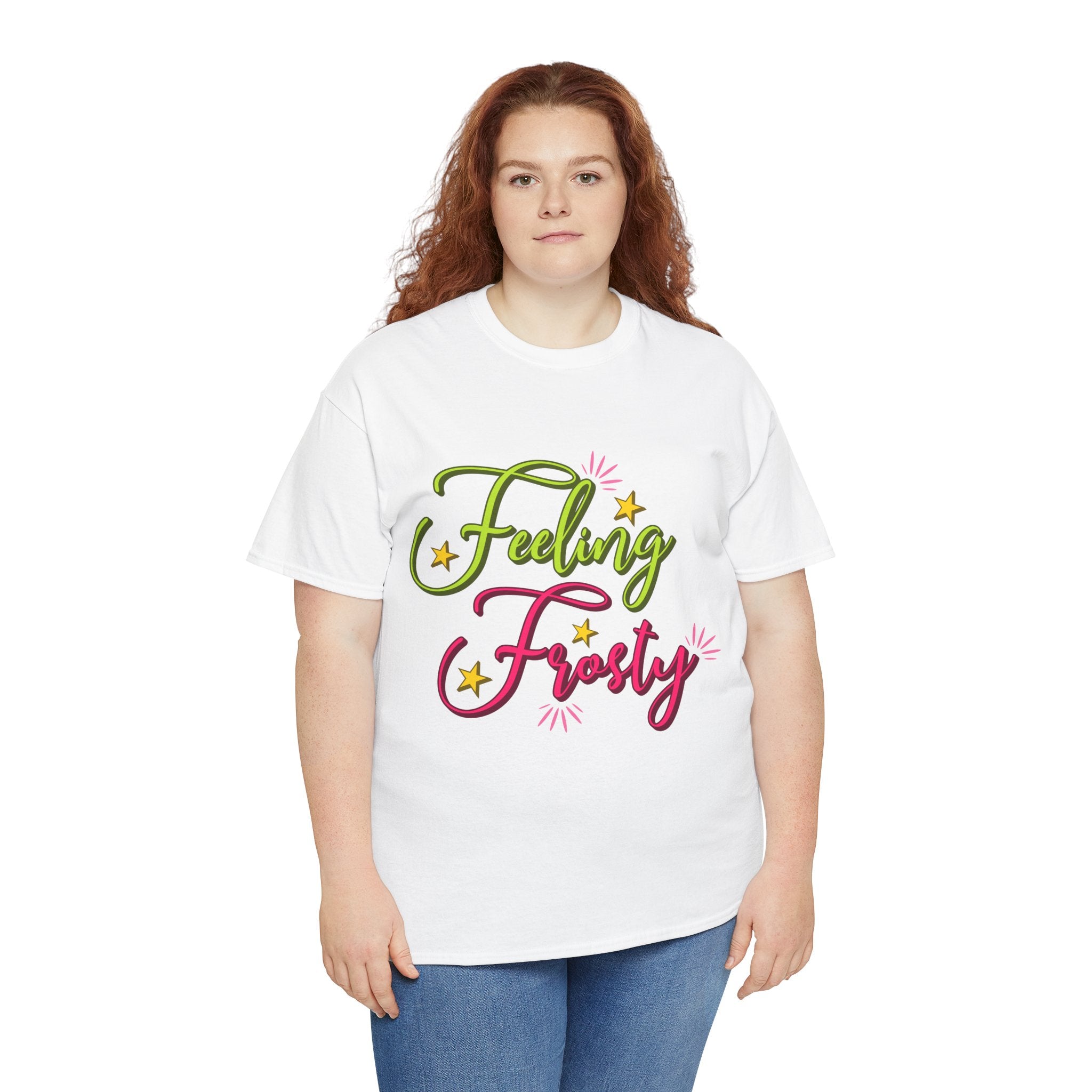 Feeling Frosty Holiday T-Shirt — Green & Pink Script Stars.Unisex Cotton Tee