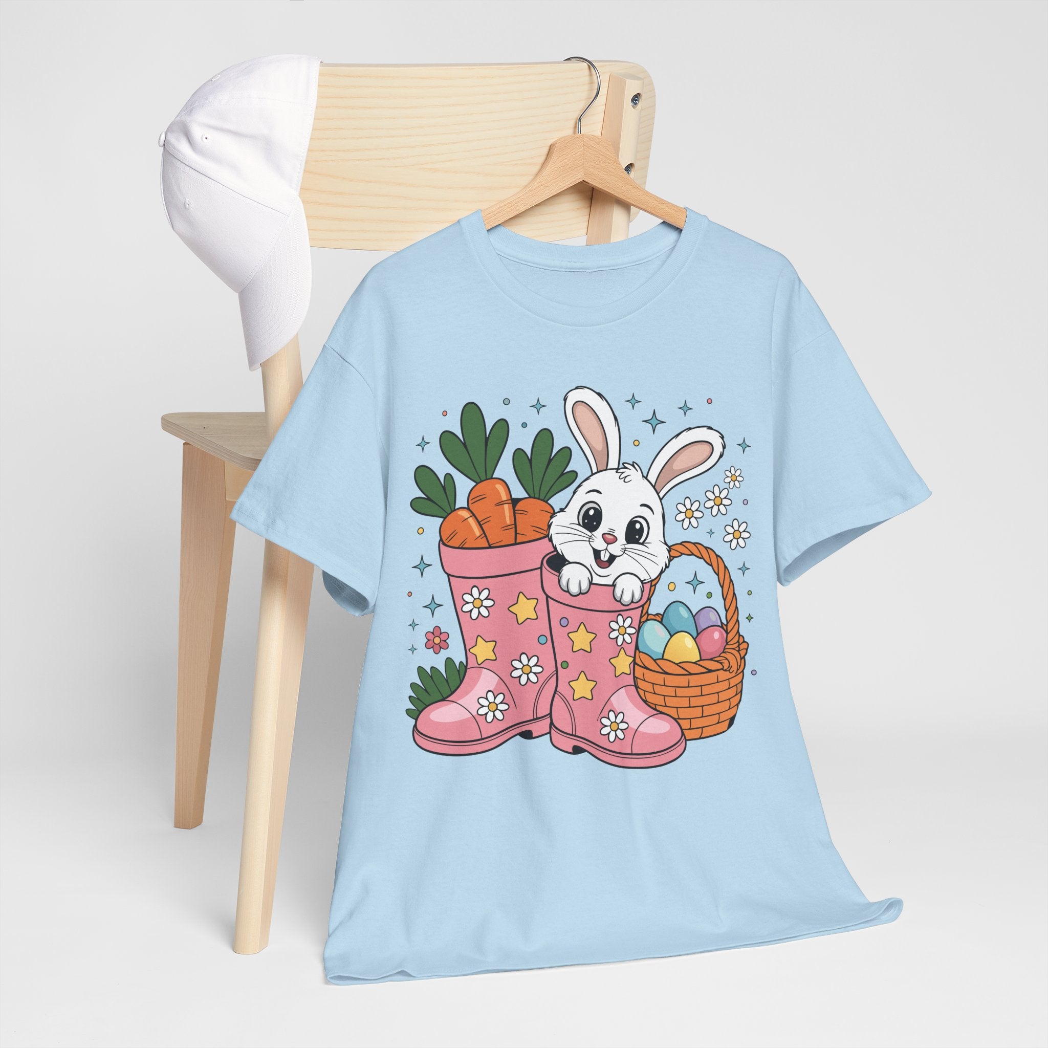 Easter Bunny in Pink Rain Boots T-Shirt — Cartoon Bunny, Carrots & Colorful Eggs Unisex Cotton Tee