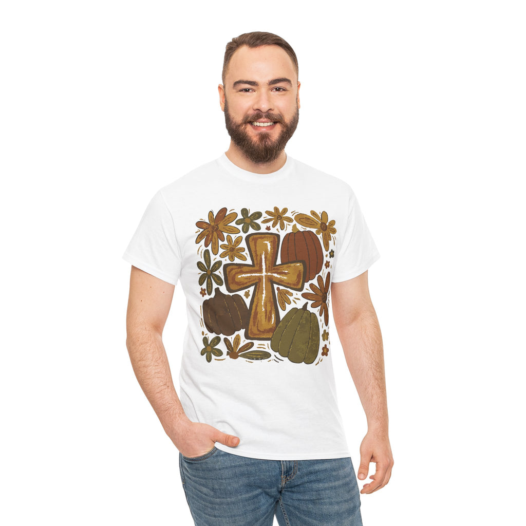 Autumn Cross Tee — Rustic Pumpkin & Fall Floral Christian Unisaex Cotton T-Shirt