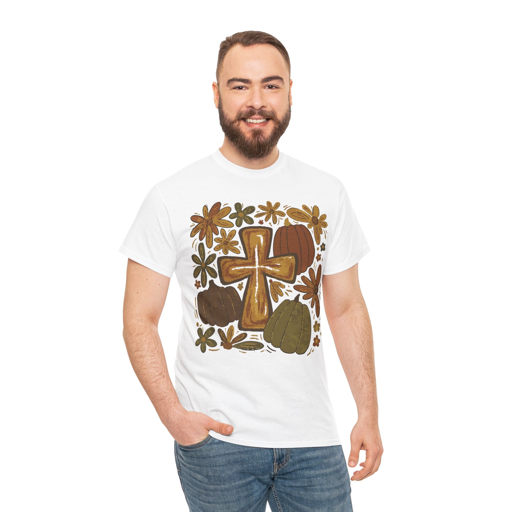 Autumn Cross Tee — Rustic Pumpkin & Fall Floral Christian Unisaex Cotton T-Shirt