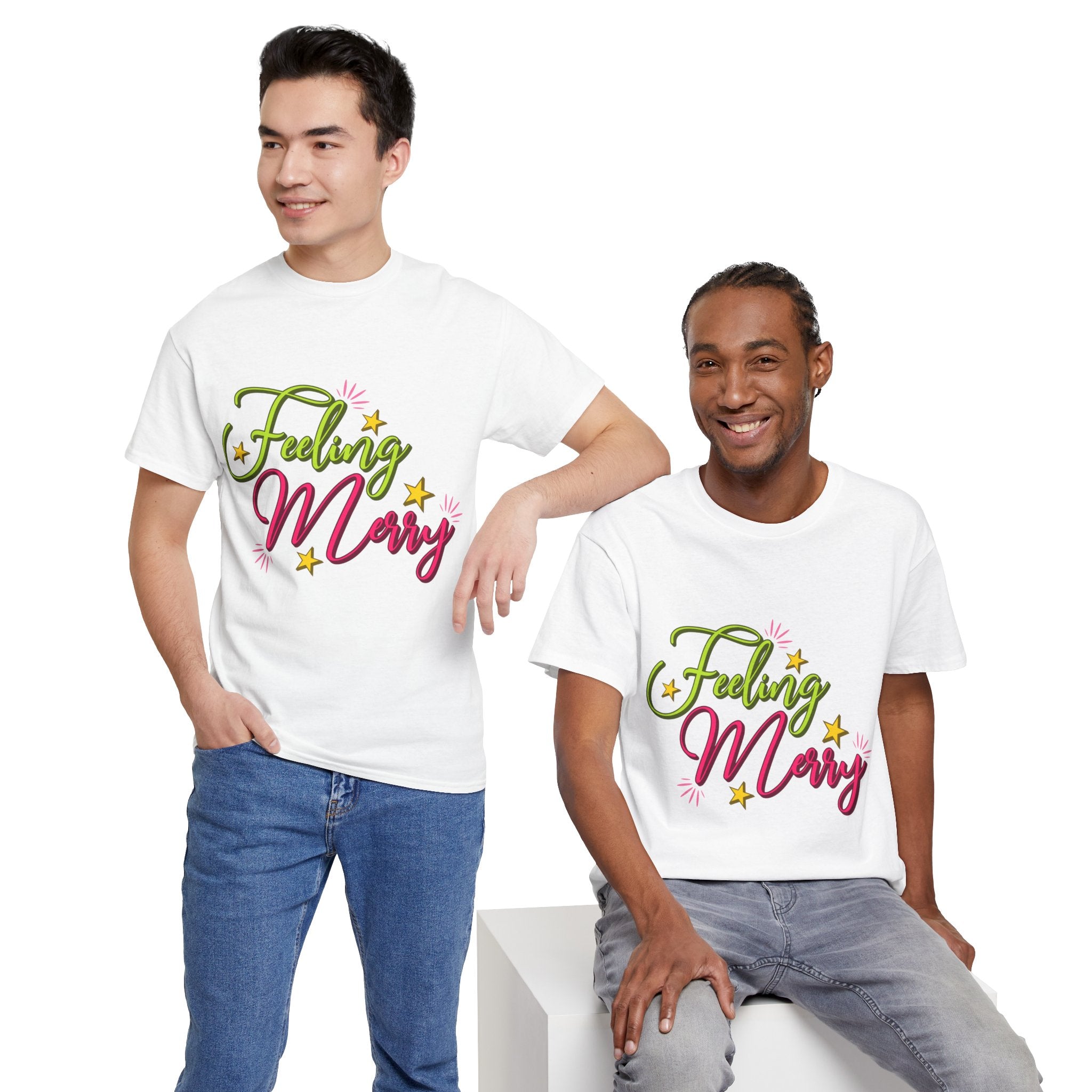 Feeling Merry T-Shirt — Bright Green & Pink Holiday Tee with Stars.Unisex Cotton Tee