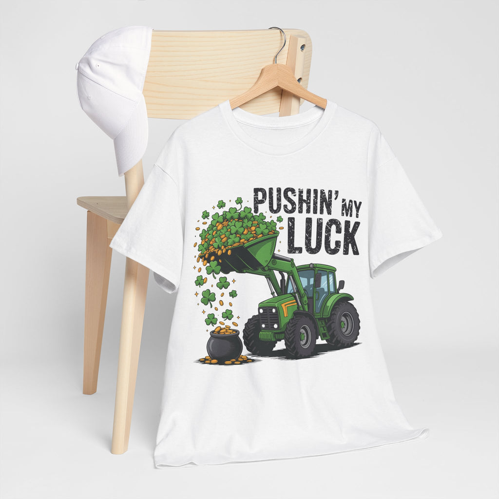 Pushin' My Luck Shamrock Tractor Tee — St. Patrick's Day Unisex Cotton T-Shirt