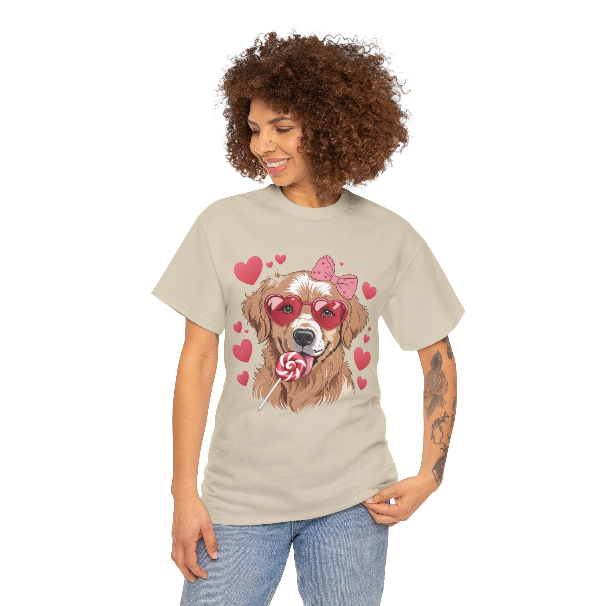 Valentine Dog T-Shirt — Cute Pup with Heart Glasses, Pink Bow & Lollipop..Unisex Cotton Tee