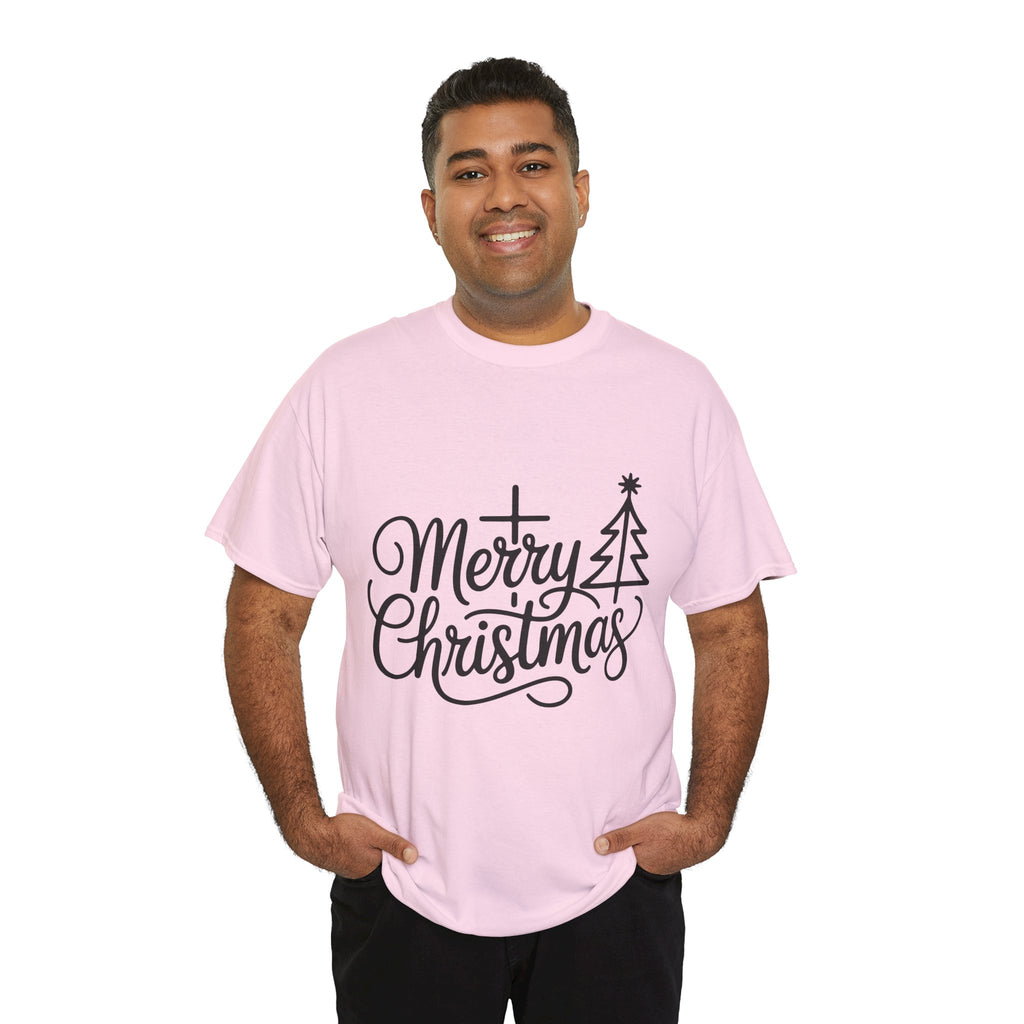 Merry Christmas Script T-Shirt with Cross & Tree(Unisex Cotton Tee)