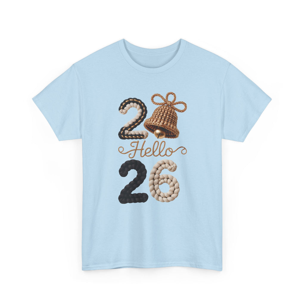 Hello 2026 Tee — Cozy Faux Yarn Braided Numbers with Woven Golden Bell..Unisex Cotton Tee