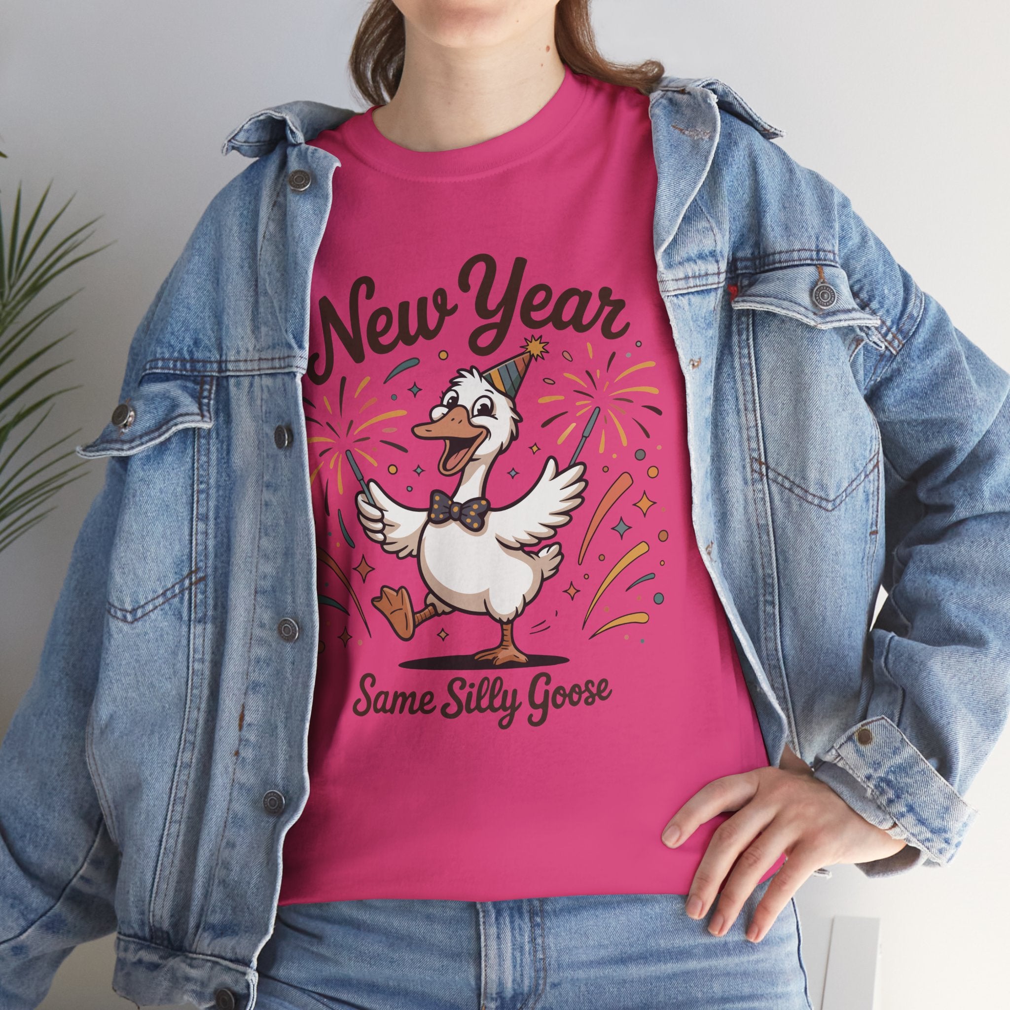 Happy Goose New Year T-Shirt — Party Hat, Fireworks & Confetti Unisex Cotton Tee