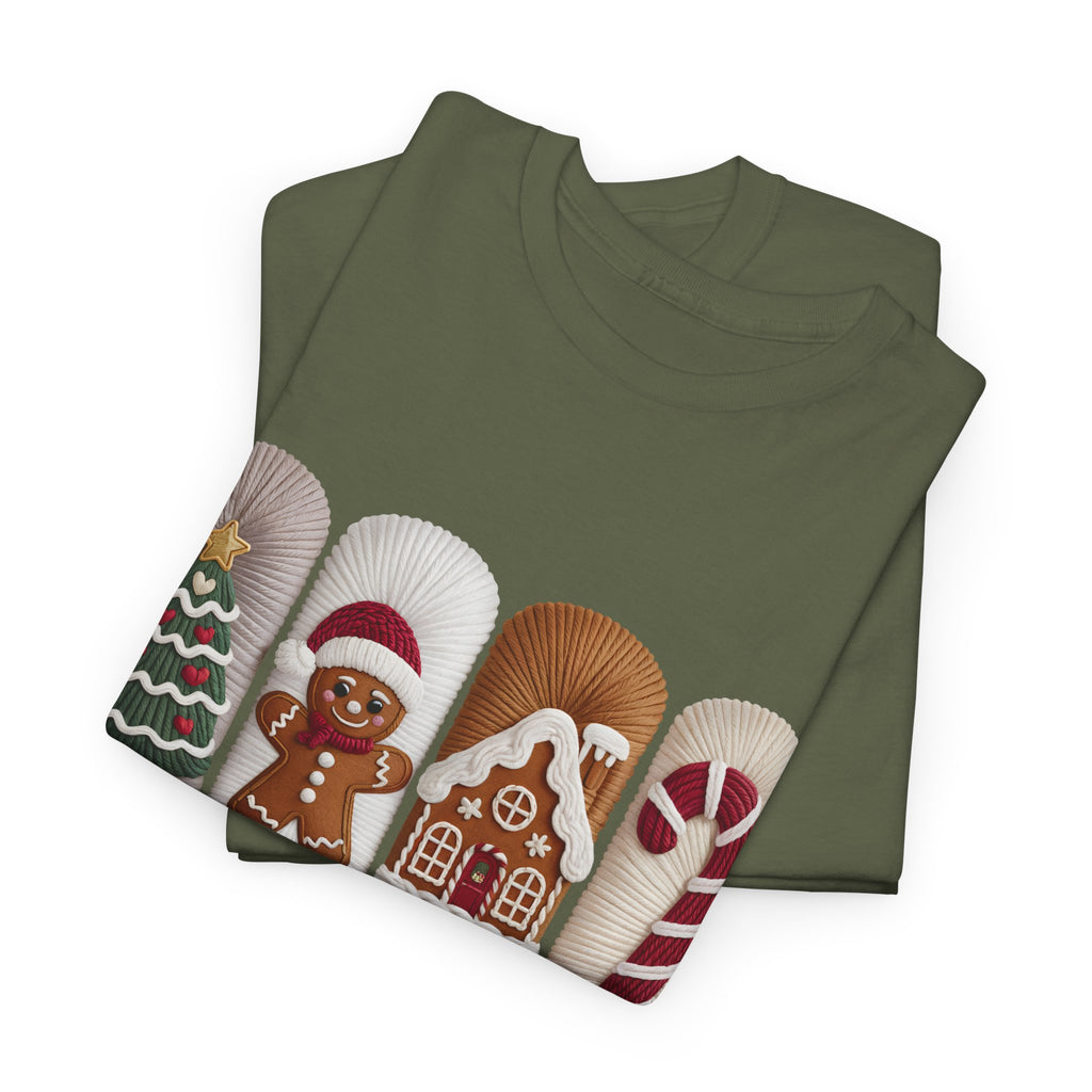 Christmas Faux-Yarn Tree Tee — Gingerbread House & Candy Cane Holiday Unisex Cotton T-Shirt