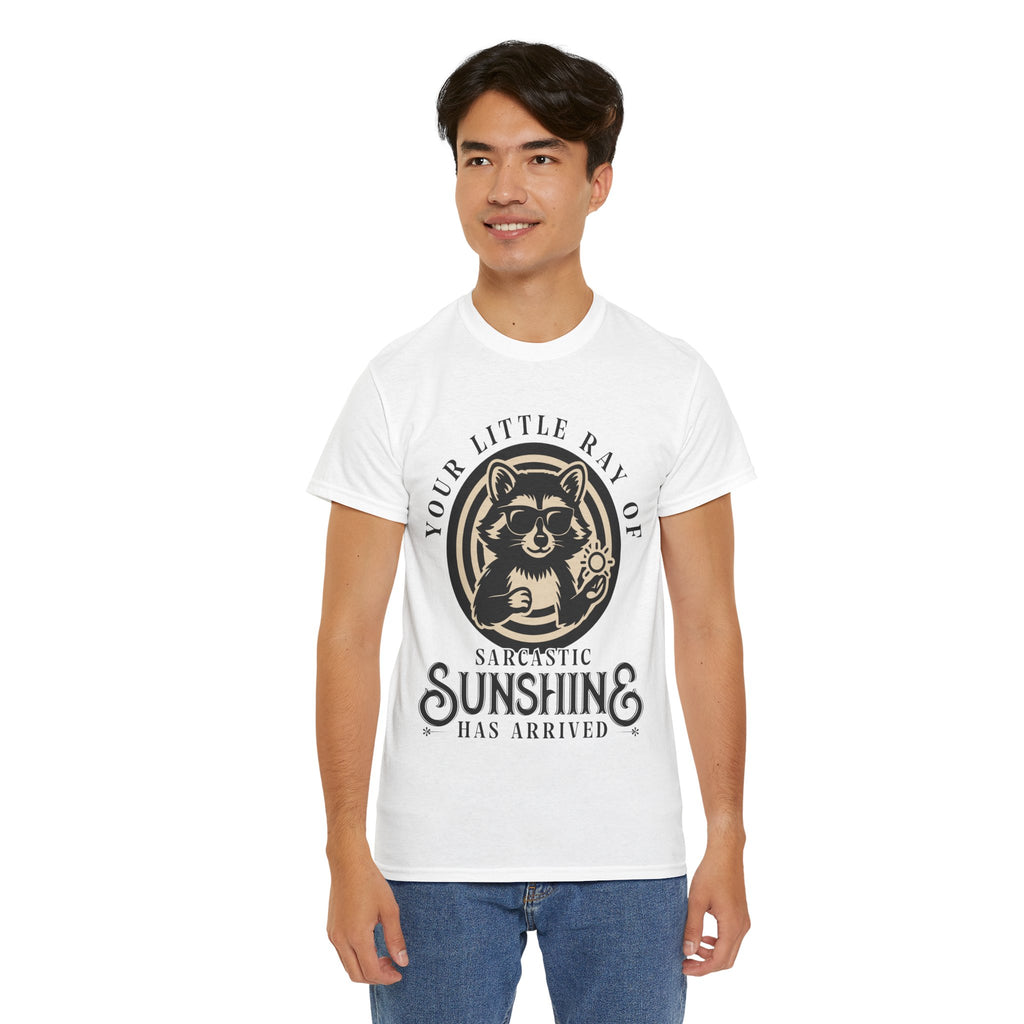 Cool Raccoon Sunglasses T-Shirt — Raccoon Holding Sun Graphic Unisex Cotton Tee