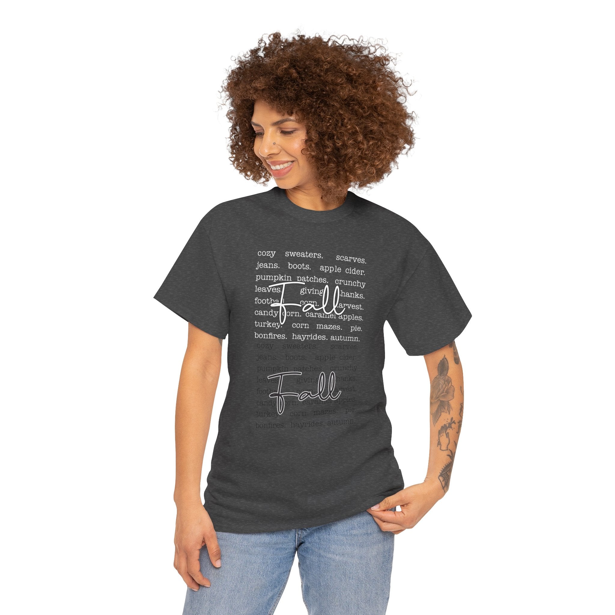 Fall Cursive Typography T-Shirt — Sweaters, Cider & Pumpkins. Unisex Cotton Tee