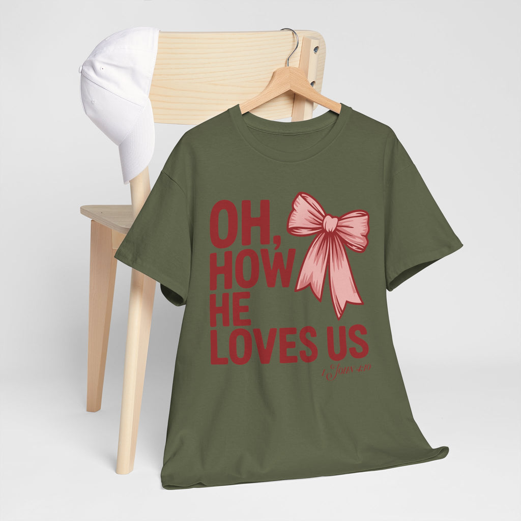 Oh, How He Loves Us Christian Valentine Tee — 1 John 4:10 Red & Pink Unisex Cotton Tee