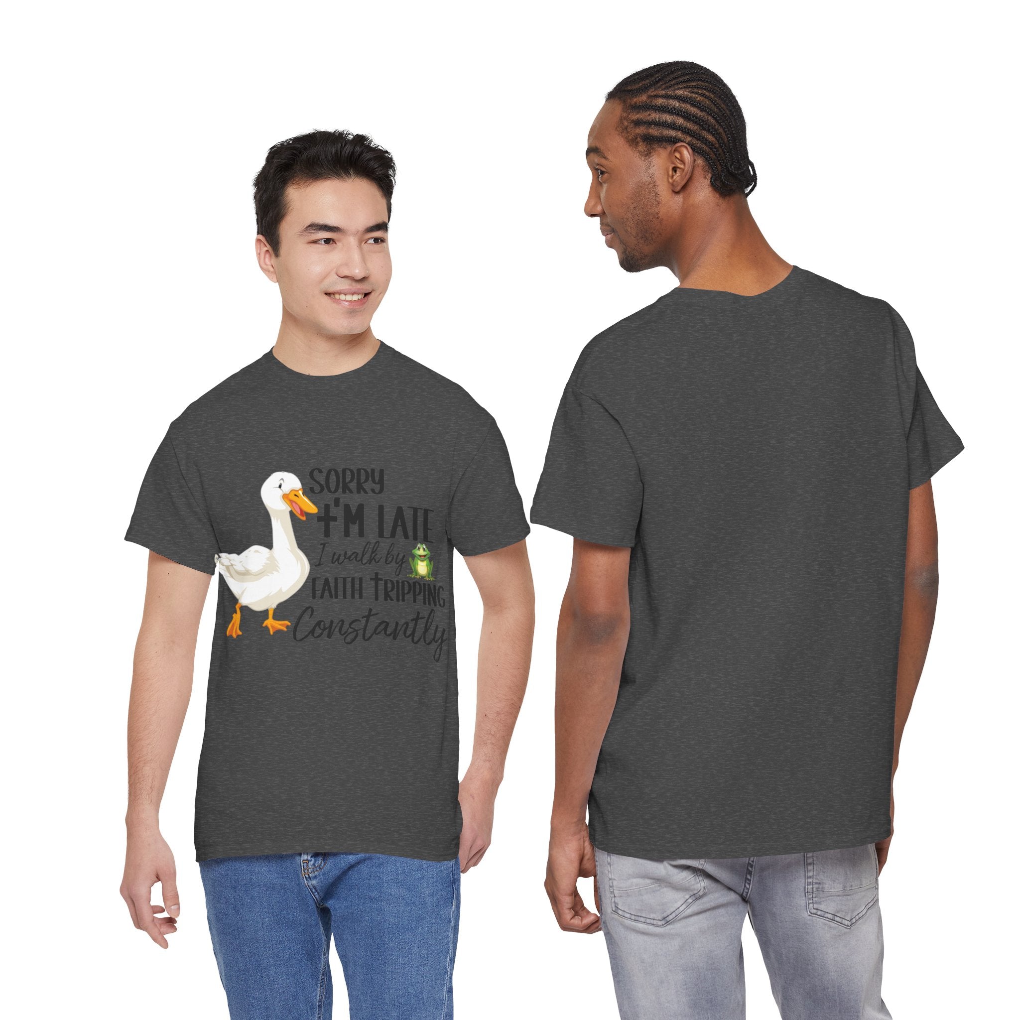 Christian Humor T-Shirt — “Sorry I’m Late, I Walk by Faith Tripping Constantly” (Duck & Frog). Unisex Cotton Tee