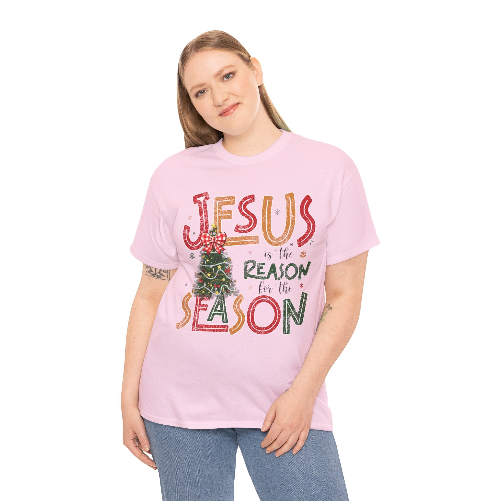 Jesus Is the Reason for the Season Christmas T-Shirt — Plaid Bow Tree..Unisex Cotton Tee
