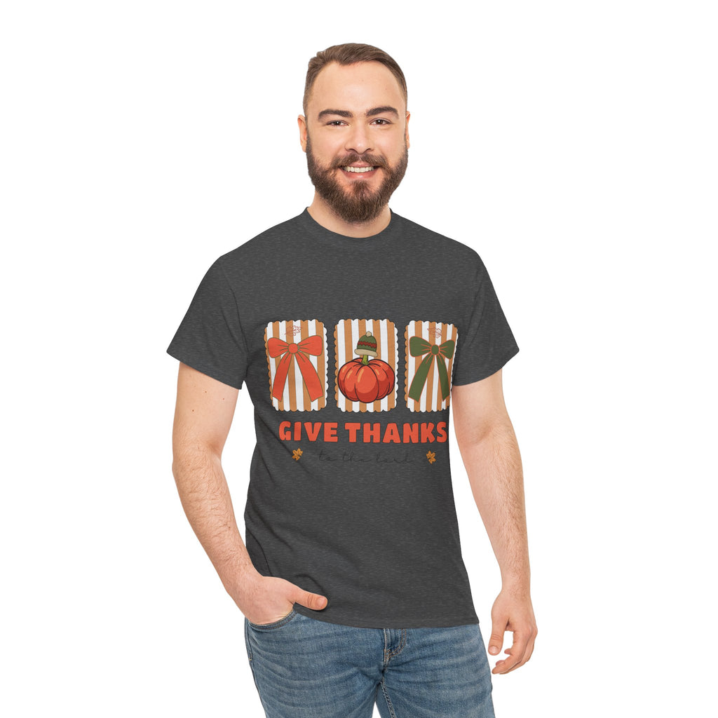 Give Thanks Thanksgiving T-Shirt — Pumpkin with Hat & Bows Unisex Cotton Tee
