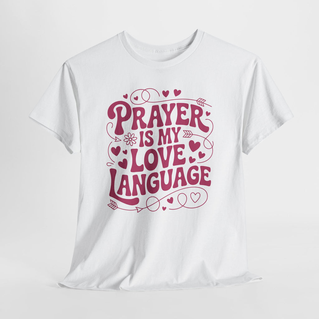 Prayer Is My Love Language Christian Tee — Pastel Pink Hearts Unisex Cotton Tee