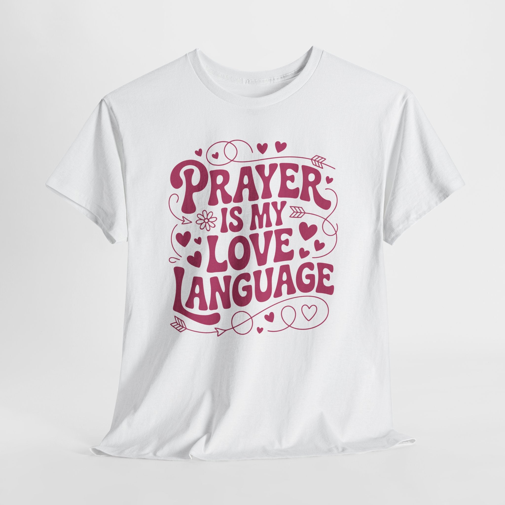 Prayer Is My Love Language Christian Tee — Pastel Pink Hearts Unisex Cotton Tee