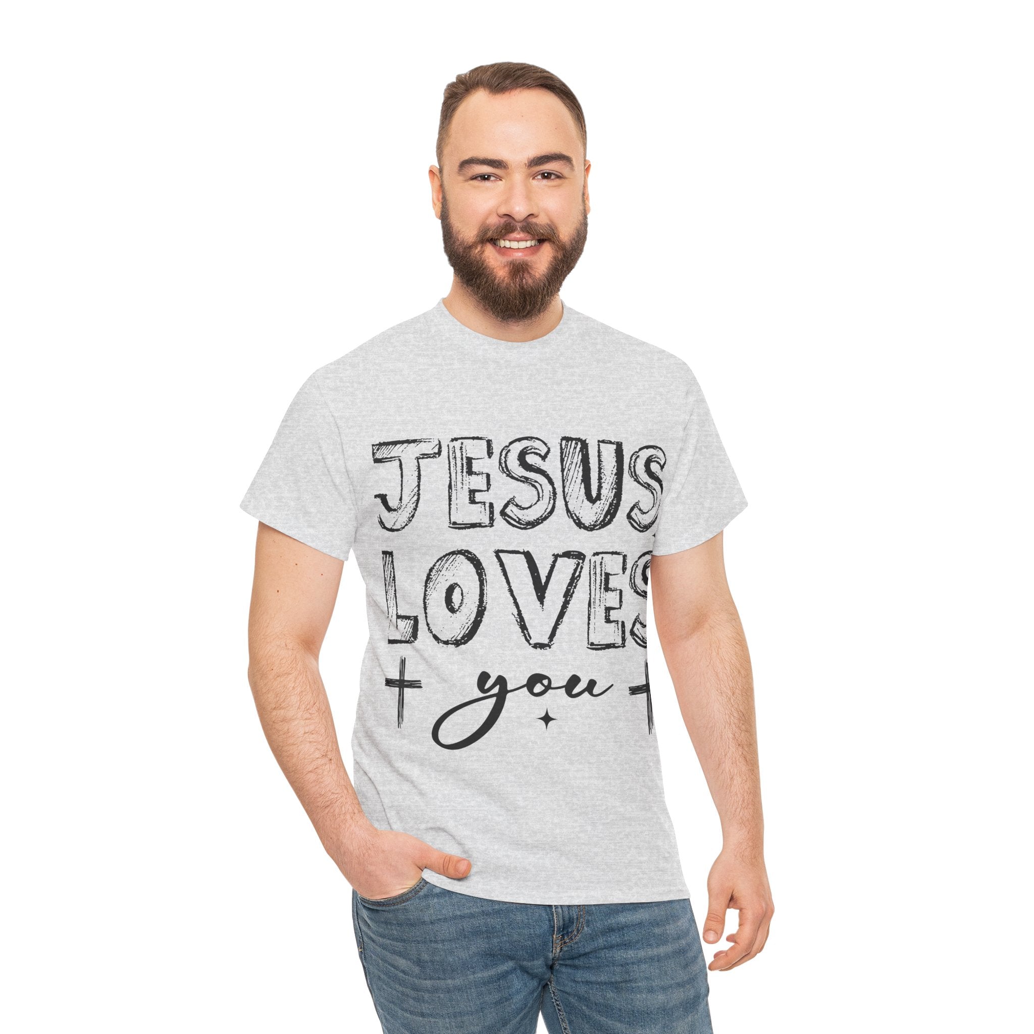 Jesus Loves You Chalk-Style Tee — Crosses & Stars Christian UNisex Cotton T-Shirt