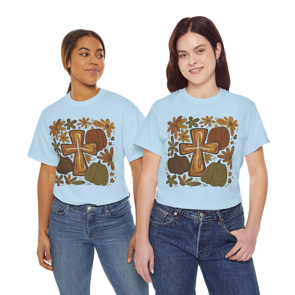 Autumn Cross Tee — Rustic Pumpkin & Fall Floral Christian Unisaex Cotton T-Shirt