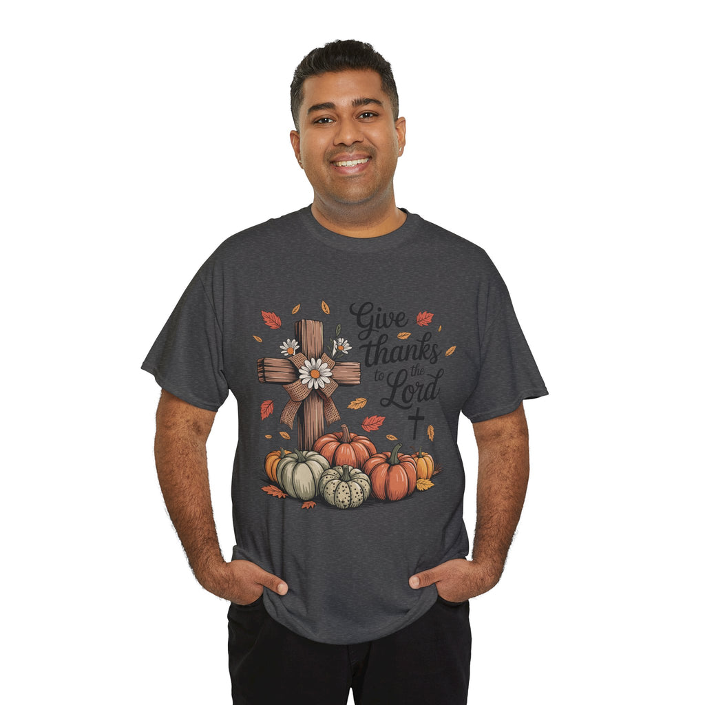 Give Thanks to the Lord Autumn Tee — Wooden Cross, Pumpkins & Daisies..Unisex Cotton Tee