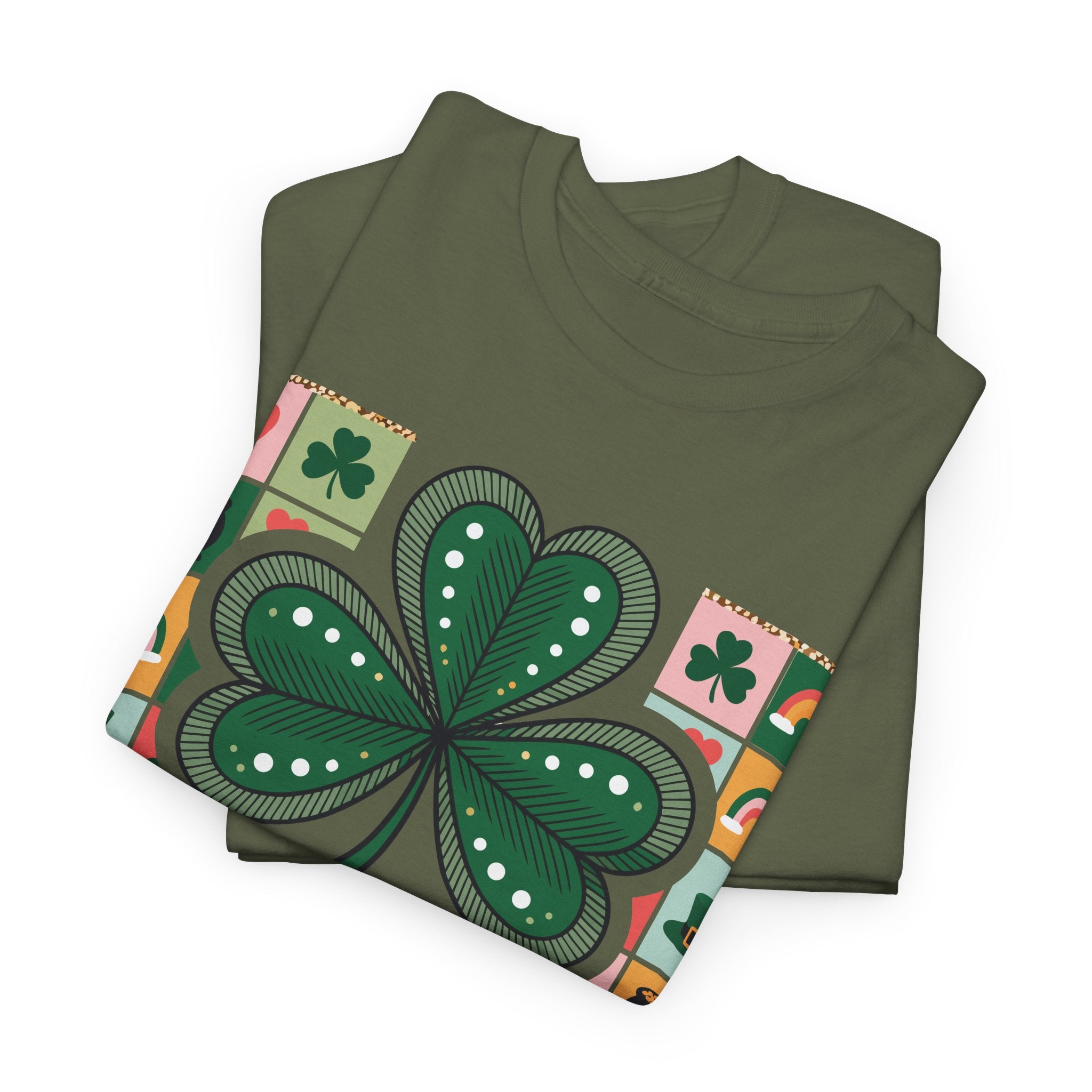 Lucky Charm & Cheer Clover Tee — Patchwork St. Patrick’s Day Unisex Cotton T-Shirt