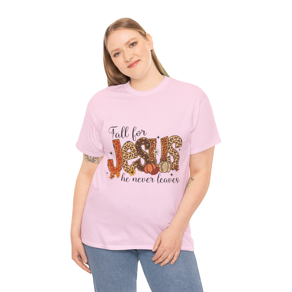 JESUS Leopard Print Fall T-Shirt — Pumpkins, Leaves & Floral Christian Unisex Cotton Tee