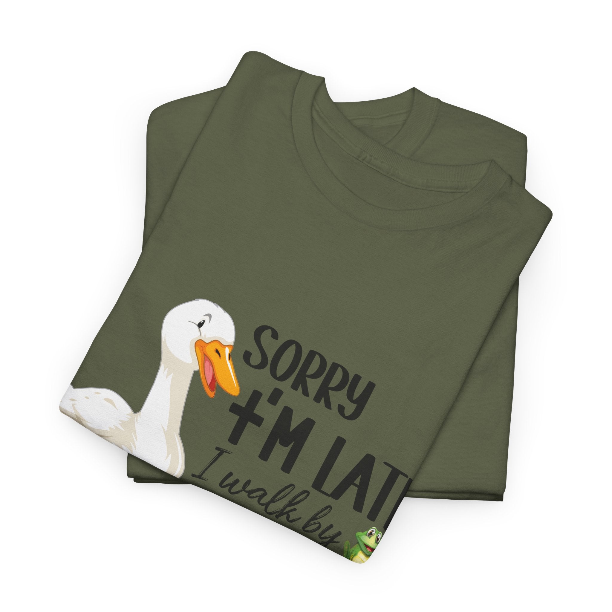 Christian Humor T-Shirt — “Sorry I’m Late, I Walk by Faith Tripping Constantly” (Duck & Frog). Unisex Cotton Tee