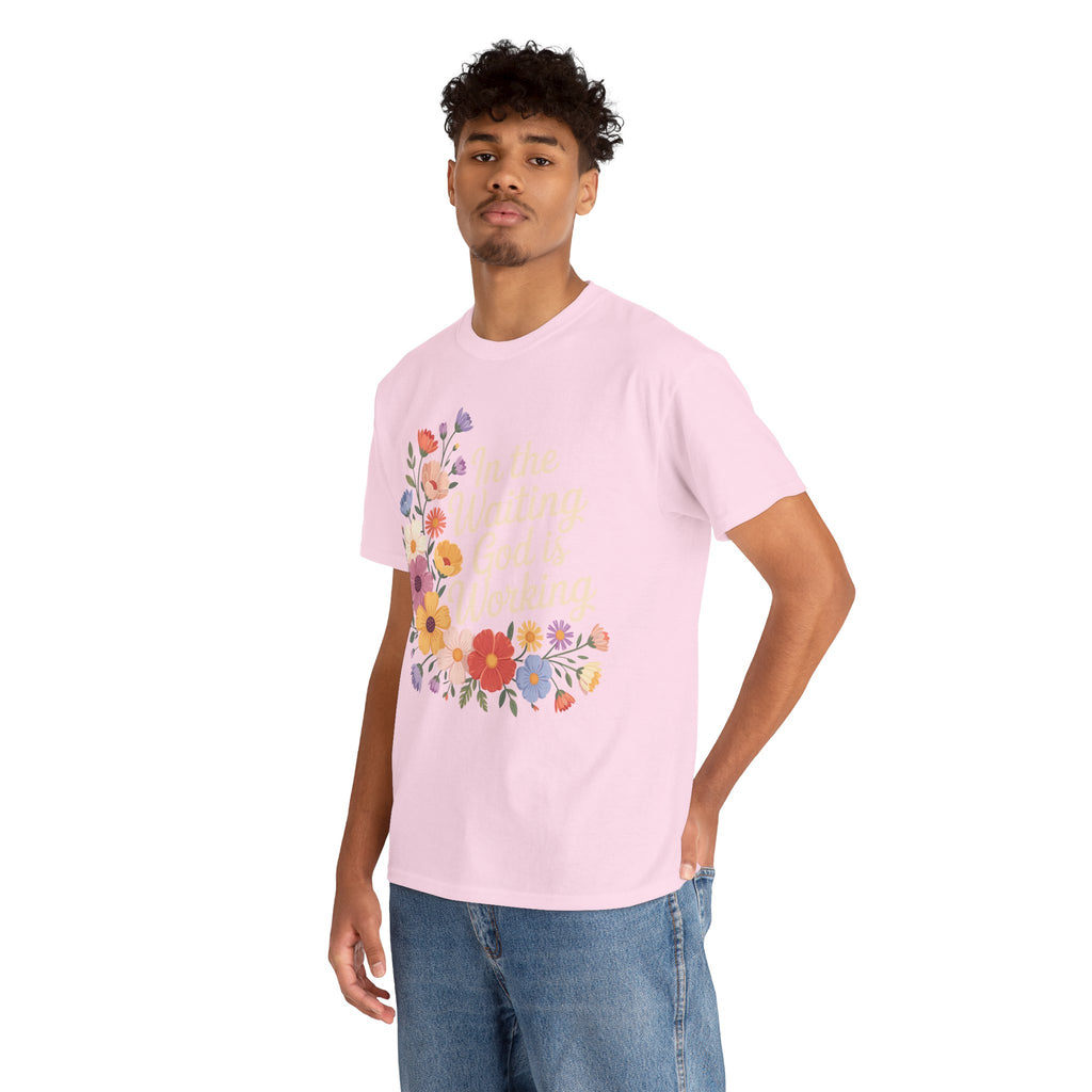 Pastel Floral “In the Waiting God Is Working” Unisex Cotton T-Shirt