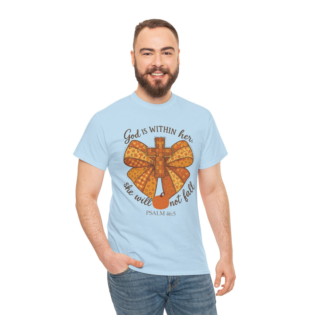 Psalm 46:5 Cross Patchwork Tee — Fall Bow Christian Unisex Cotton T-Shirt