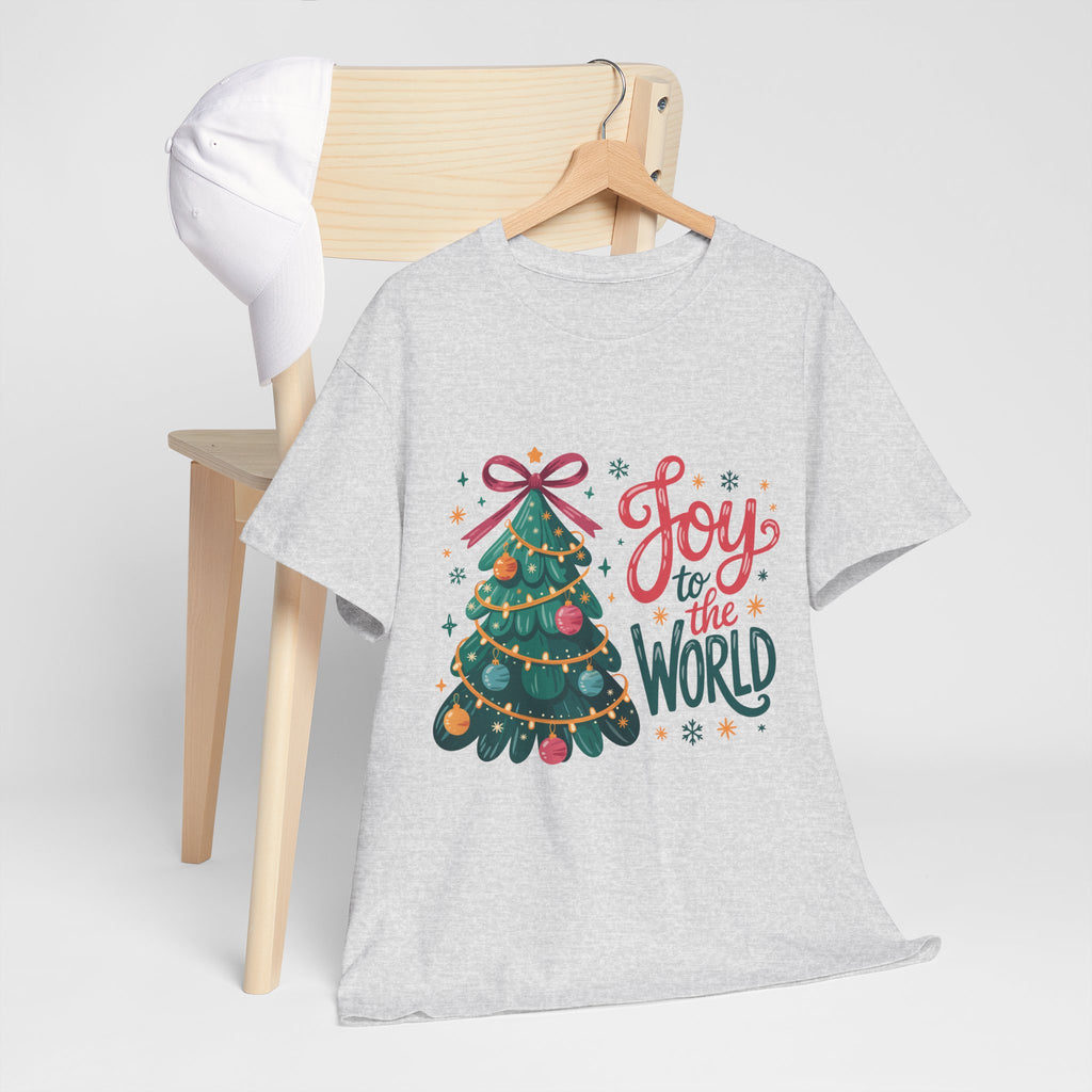 Joy to the World Christmas Tee — Festive Tree with Pink Bow..Unisex Cotton Tee