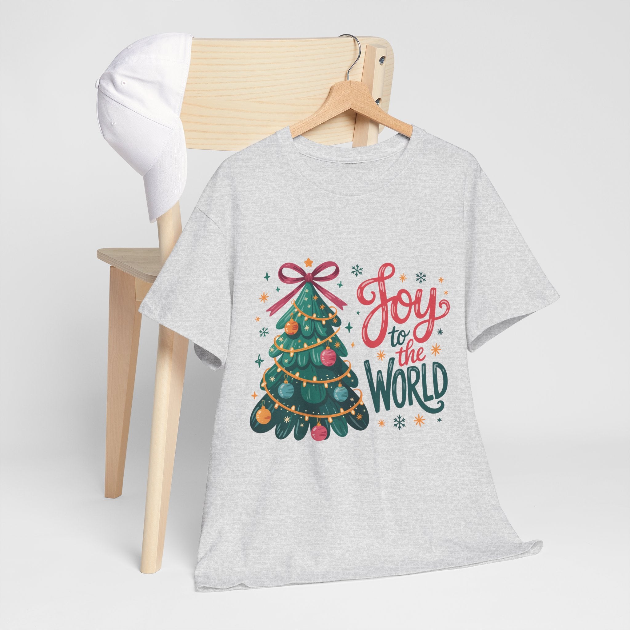 Joy to the World Christmas Tee — Festive Tree with Pink Bow..Unisex Cotton Tee