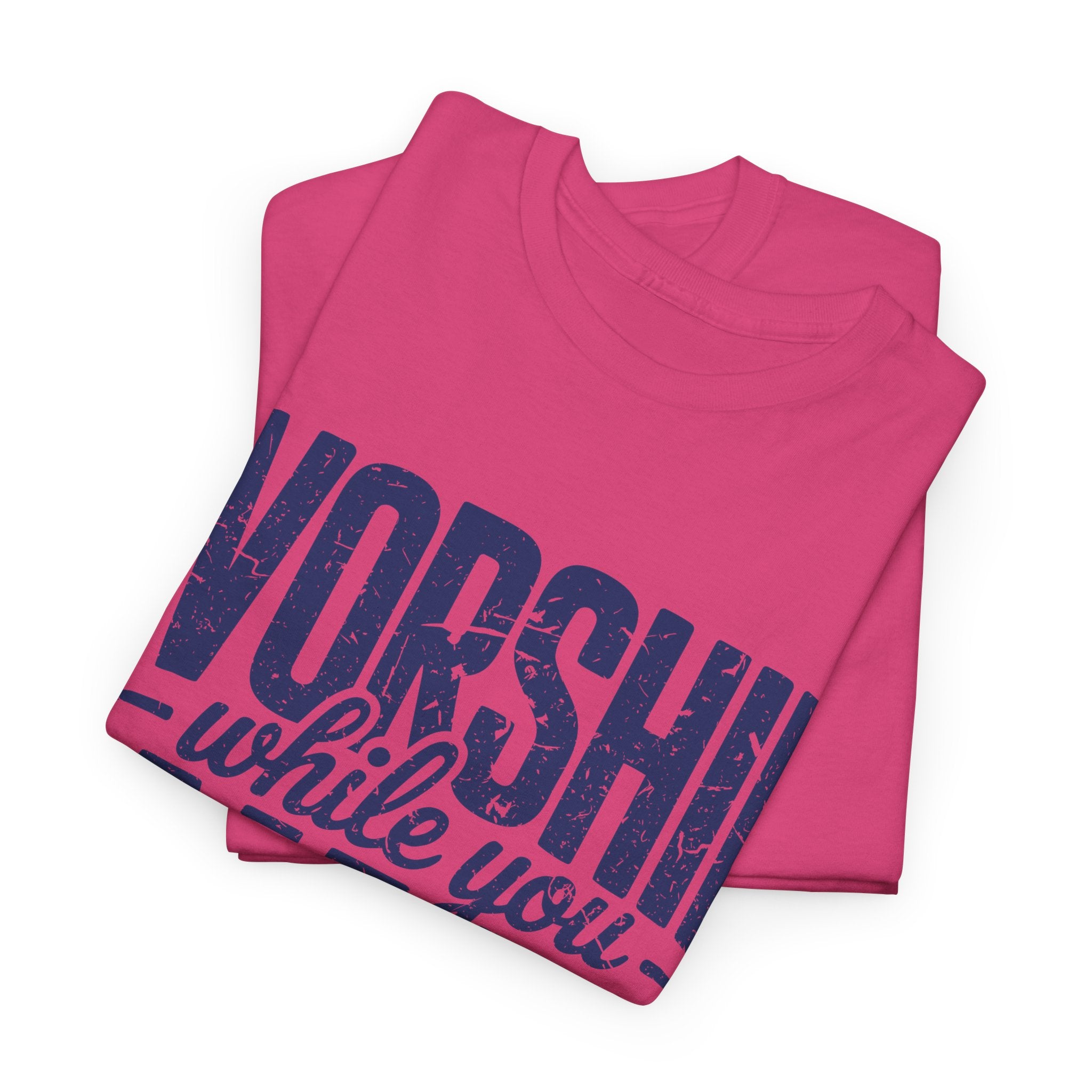 Worship While You Wait T‑Shirt — Distressed Pastel Blue Faith Unisex Cotton Tee