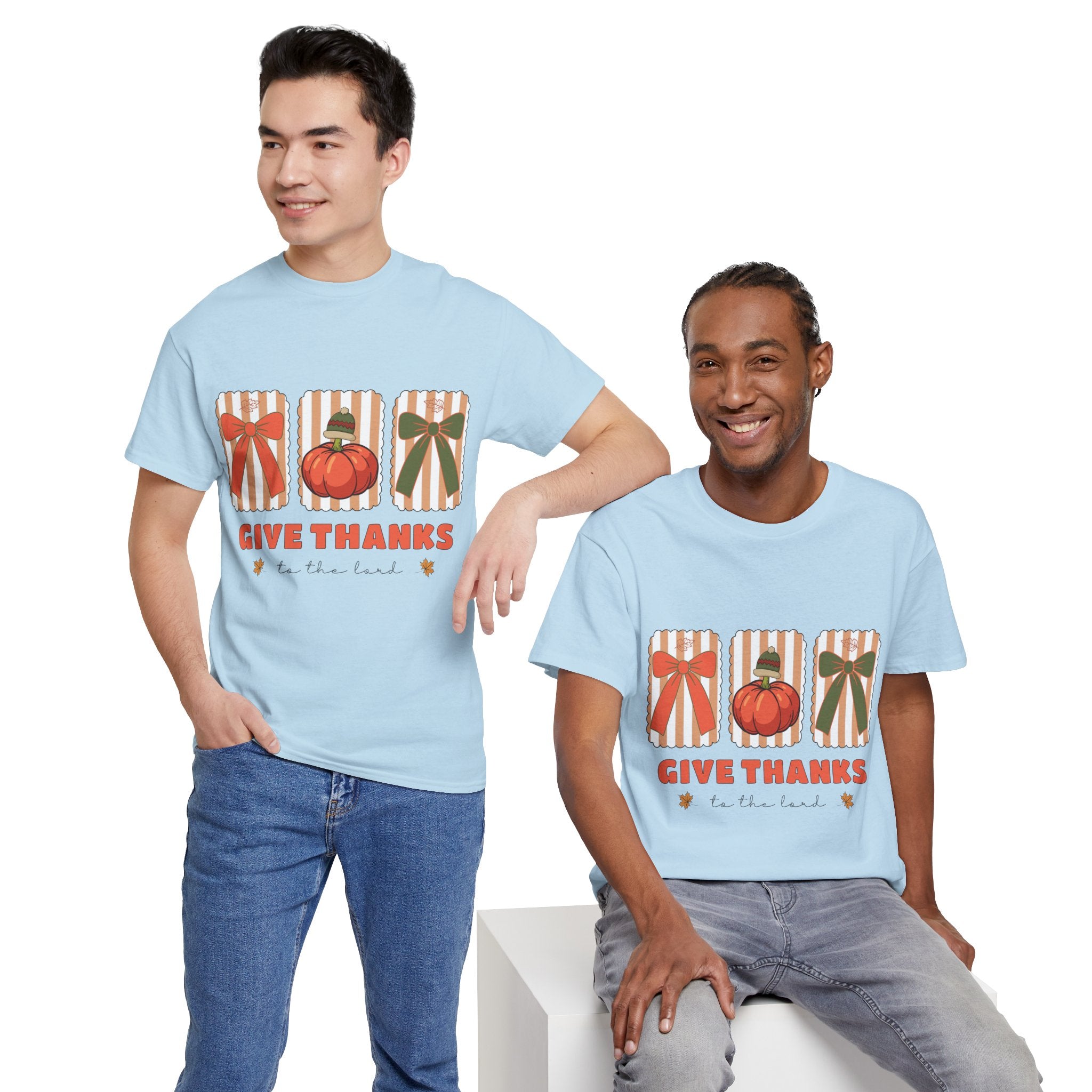 Give Thanks Thanksgiving T-Shirt — Pumpkin with Hat & Bows Unisex Cotton Tee