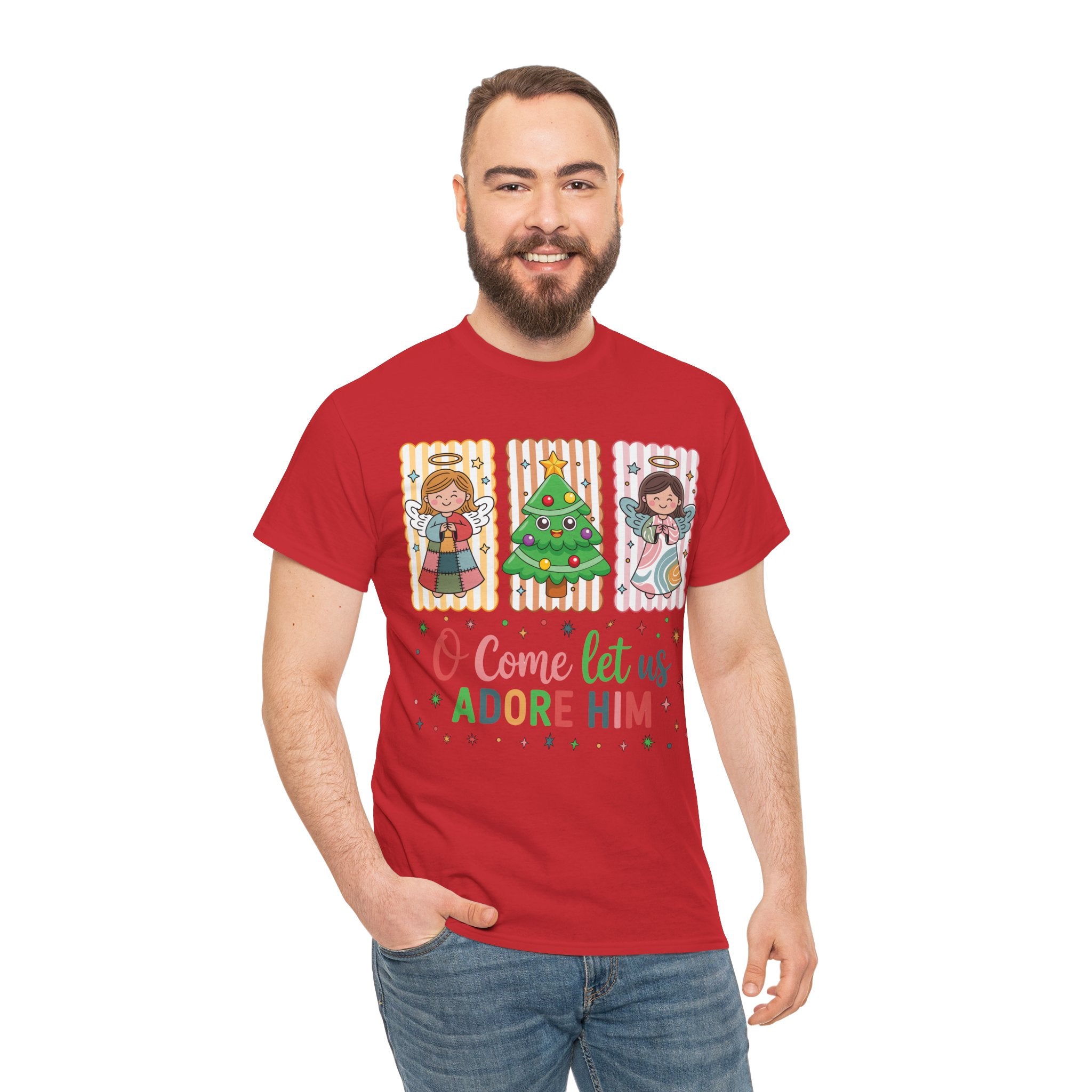 O Come Let Us Adore Him Christmas Tee — Smiling Angels & Happy Tree..Unisex Cotton Tee