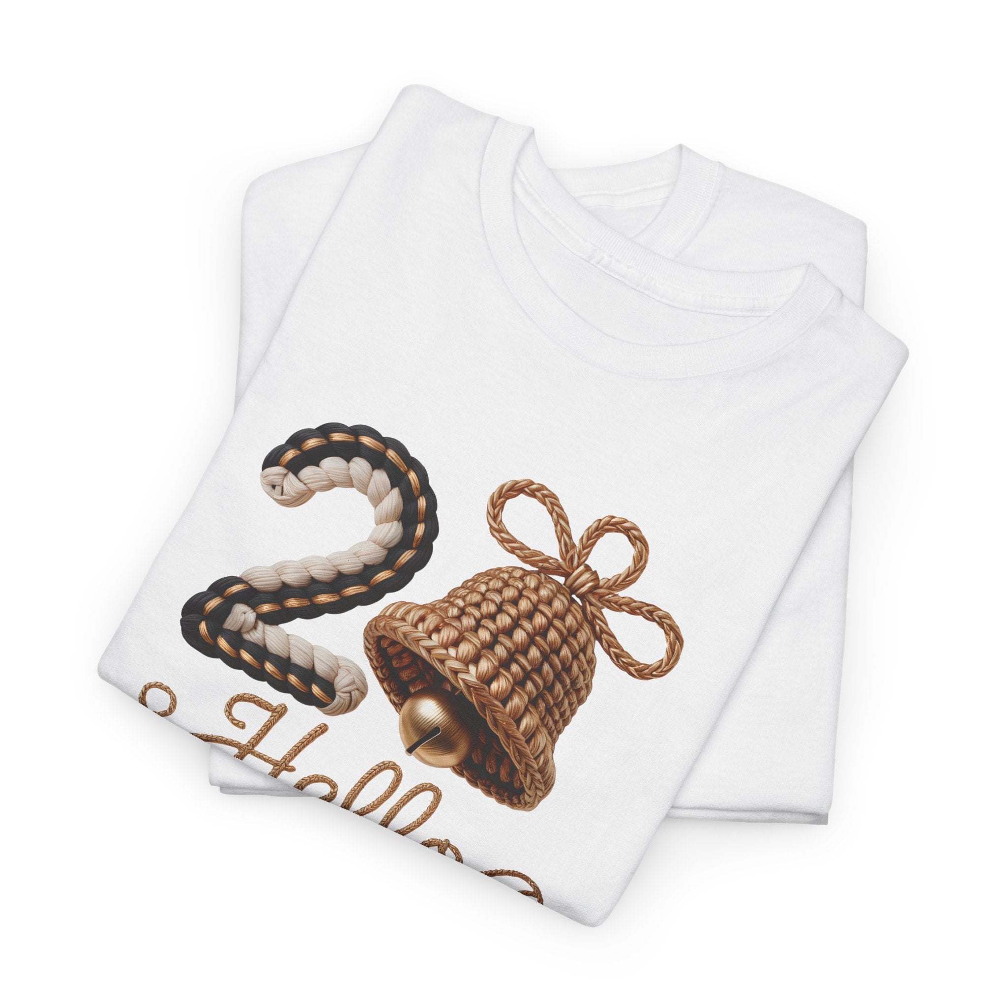 Hello 2026 Tee — Cozy Faux Yarn Braided Numbers with Woven Golden Bell..Unisex Cotton Tee