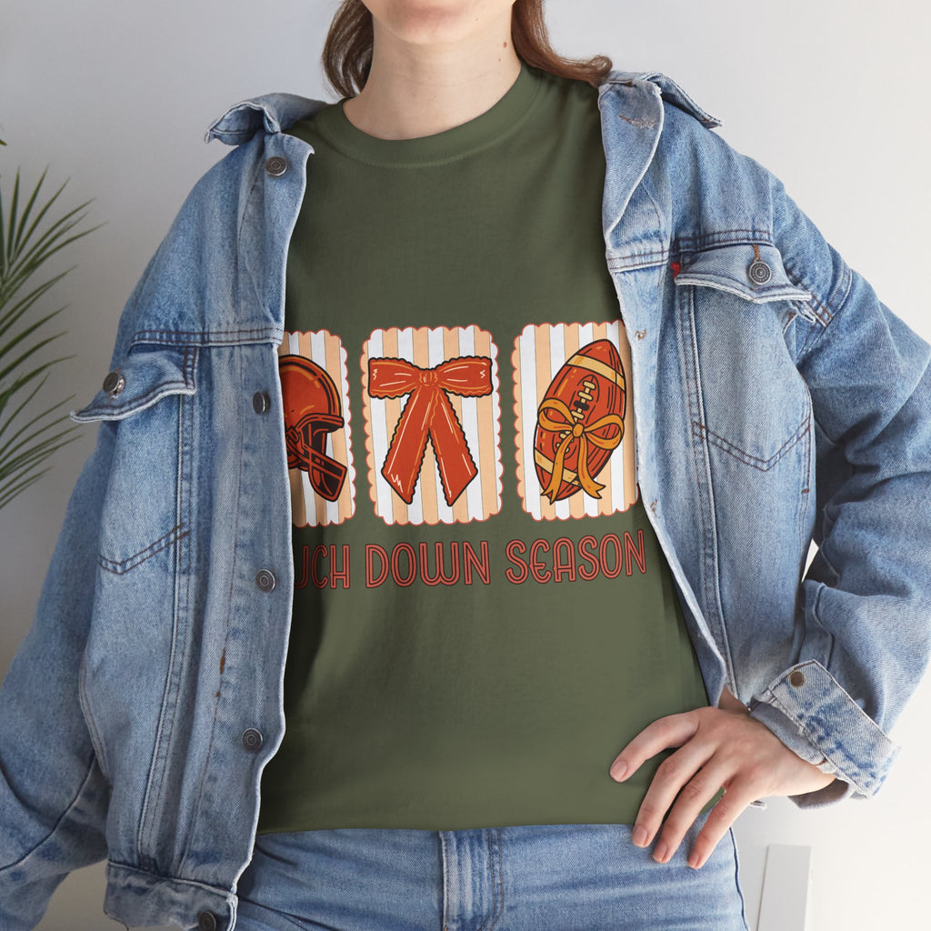 Touch Down Season Football Tee — Striped Fall Helmet & Bow Design Unisex Cotton Tee