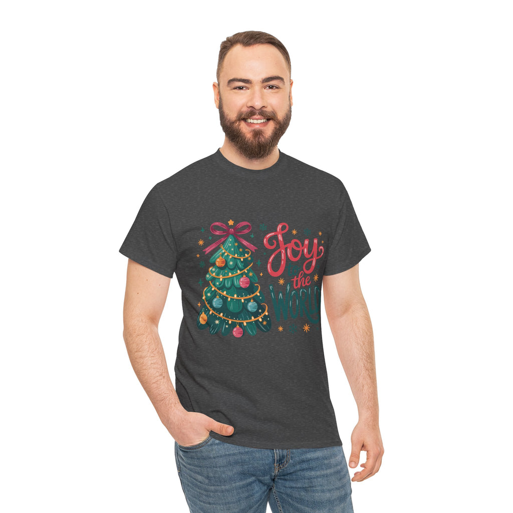 Joy to the World Christmas Tee — Festive Tree with Pink Bow..Unisex Cotton Tee