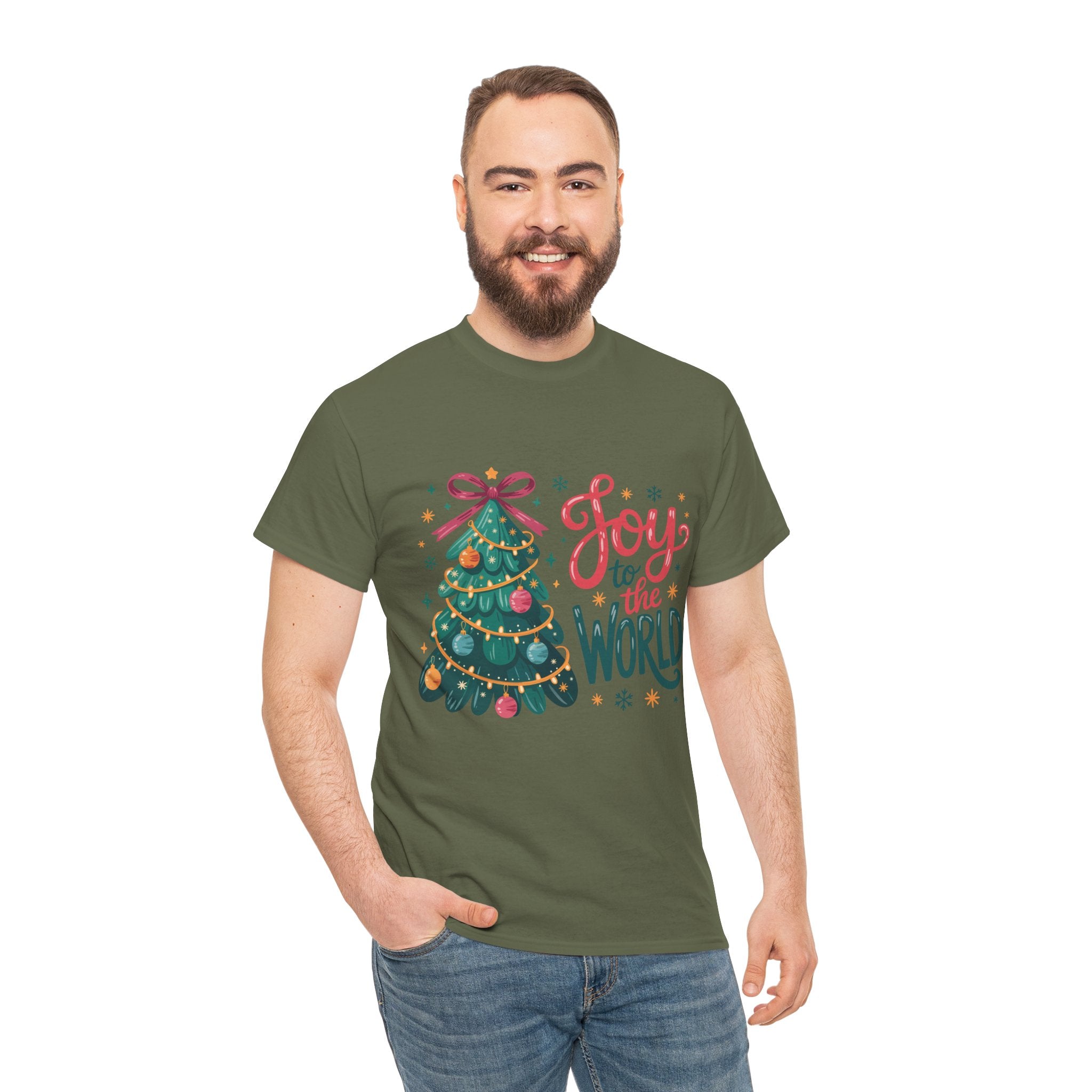 Joy to the World Christmas Tee — Festive Tree with Pink Bow..Unisex Cotton Tee