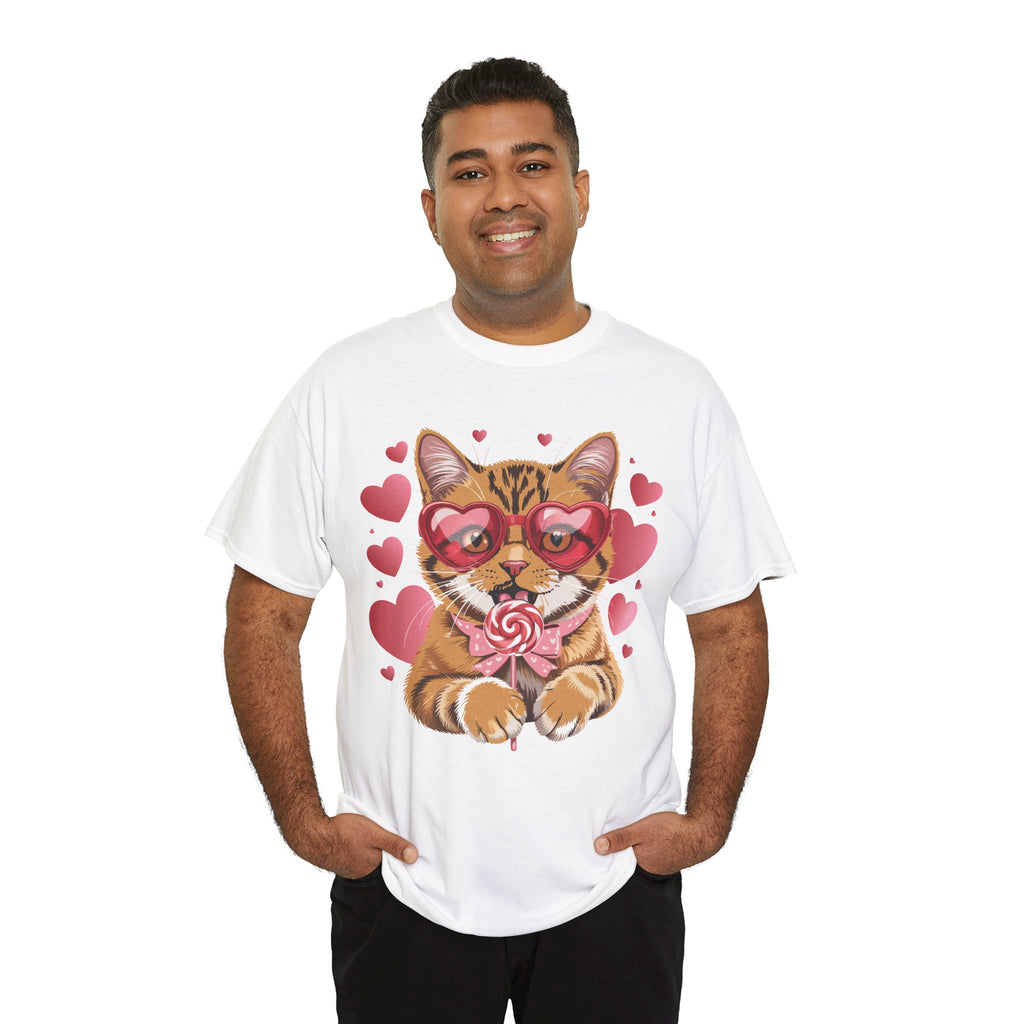 Valentine Cat Tee — Heart Glasses, Lollipop Bow Unisex Cotton Tee