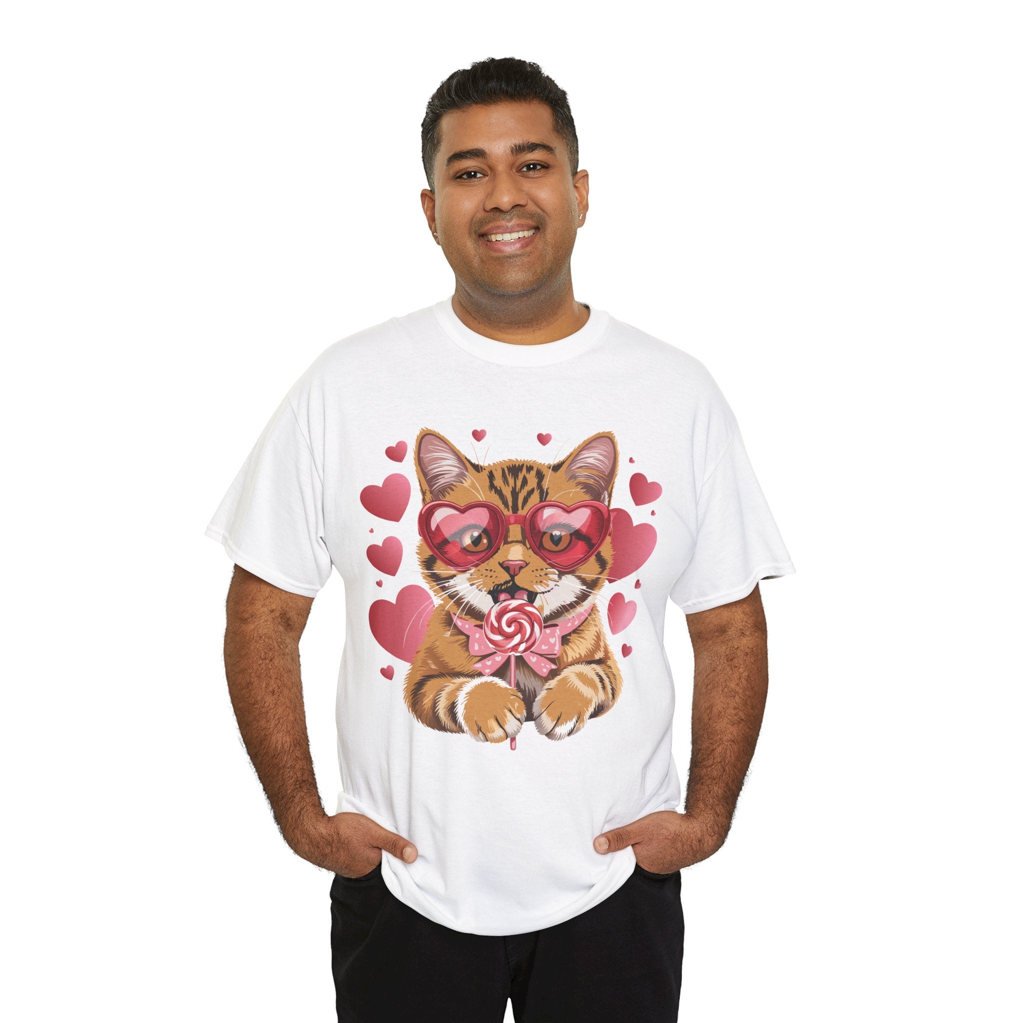 Valentine Cat Tee — Heart Glasses, Lollipop Bow Unisex Cotton Tee