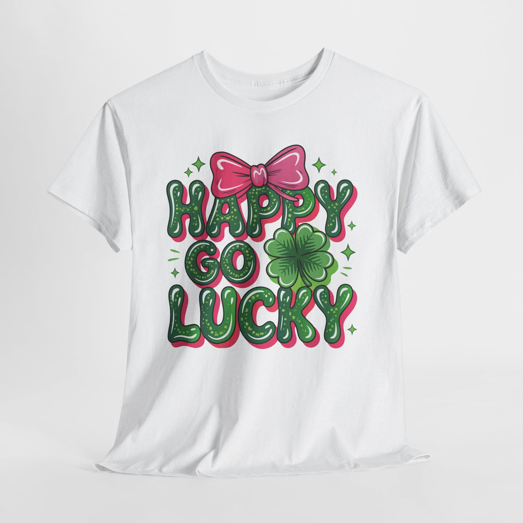 Happy Go Lucky Four-Leaf Clover Tee — Glossy Green Letters & Pink Bow Unisex Cotton Tee