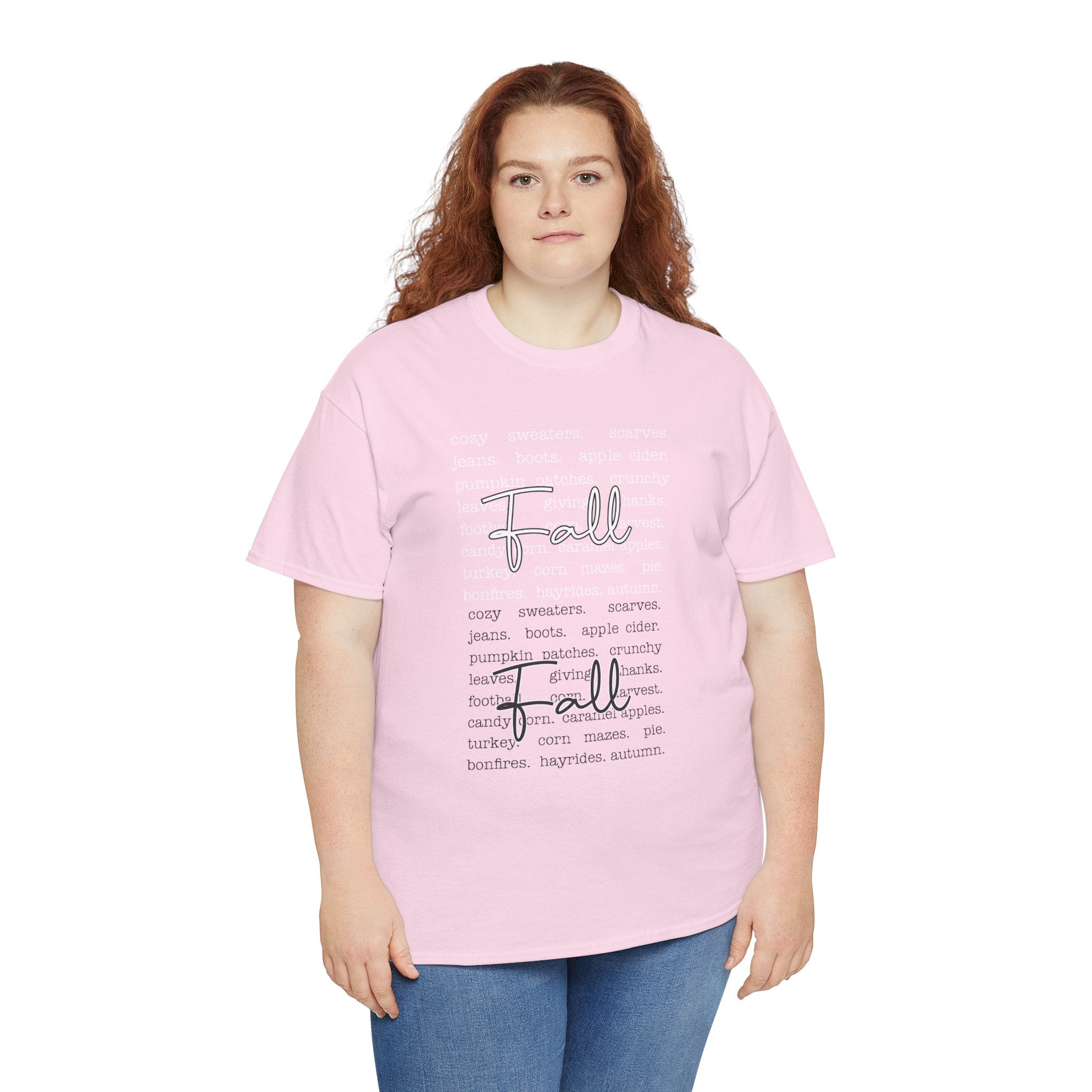 Fall Cursive Typography T-Shirt — Sweaters, Cider & Pumpkins. Unisex Cotton Tee