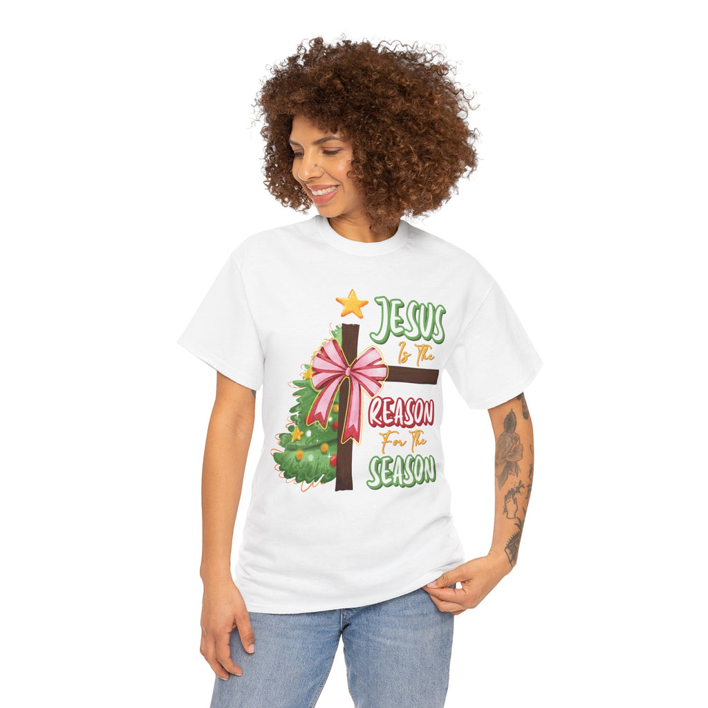 Jesus Is the Reason for the Season Christmas Tee — Cross with Pink Bow & Tree. Unisex Cotton Tee