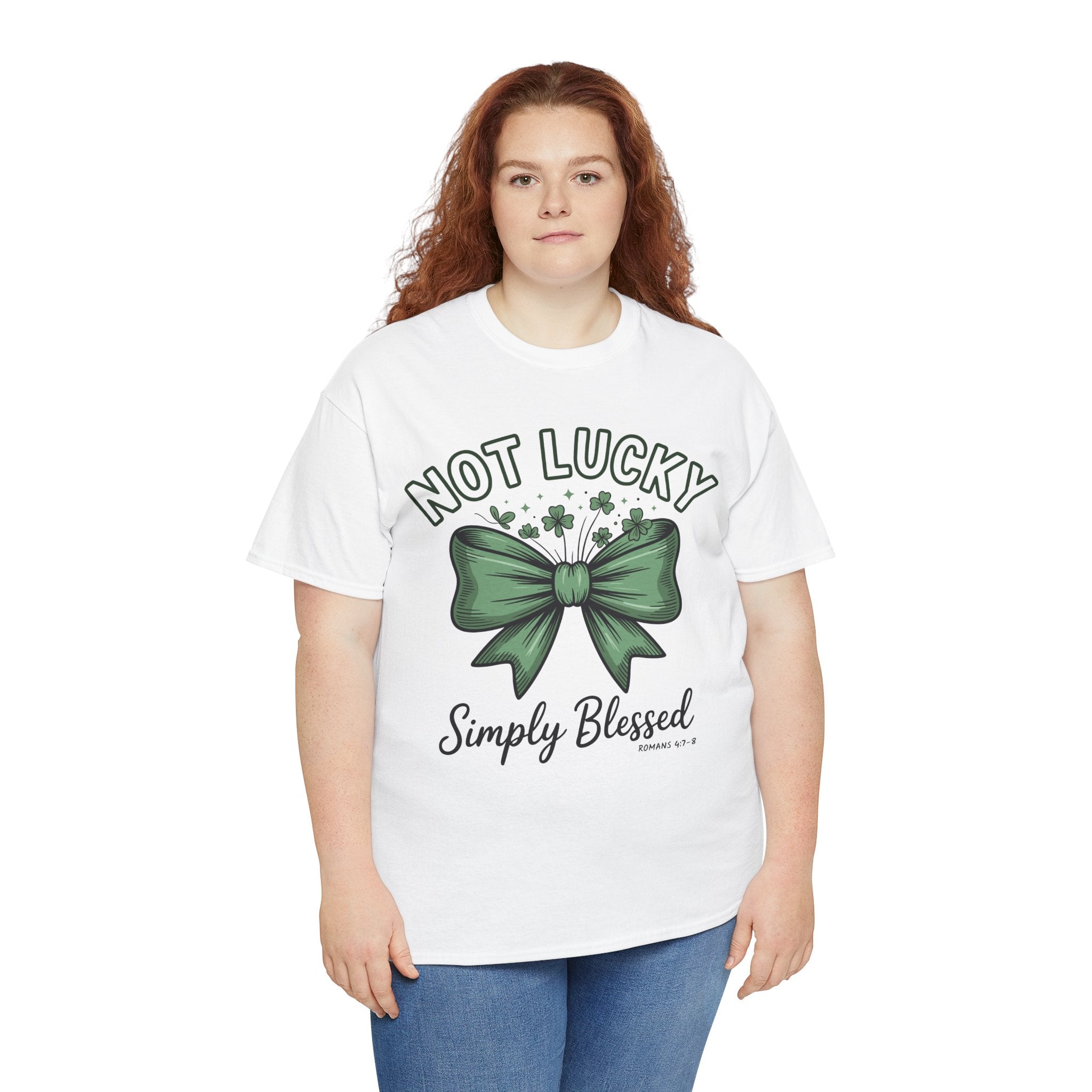 Not Lucky, Simply Blessed T-Shirt — Green Bow & Clovers St. Patrick’s Unisex Cotton Tee