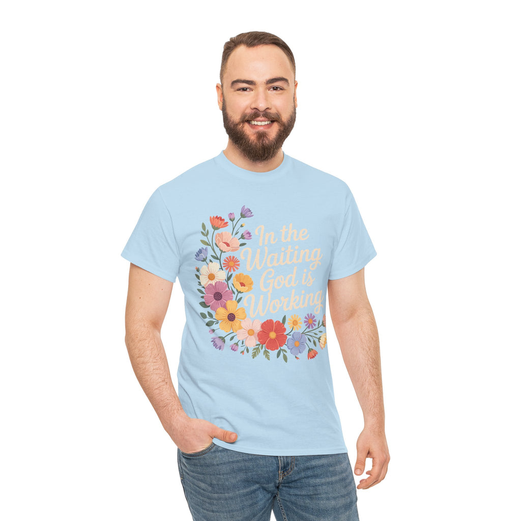 Pastel Floral “In the Waiting God Is Working” Unisex Cotton T-Shirt