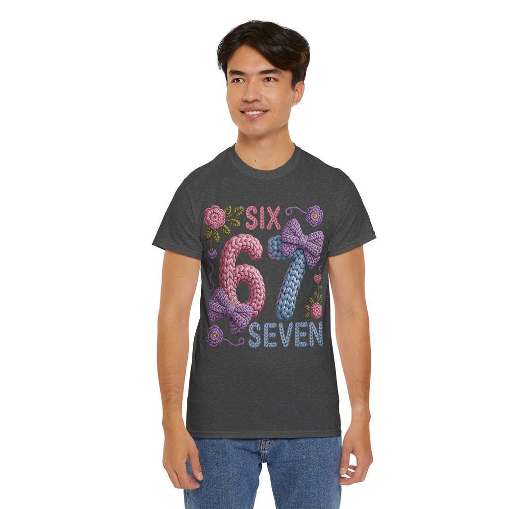 Pastel Crochet Numbers 6 & 7 Tee — Faux-Yarn Bows & Flowers. Unisex Cotton Tee
