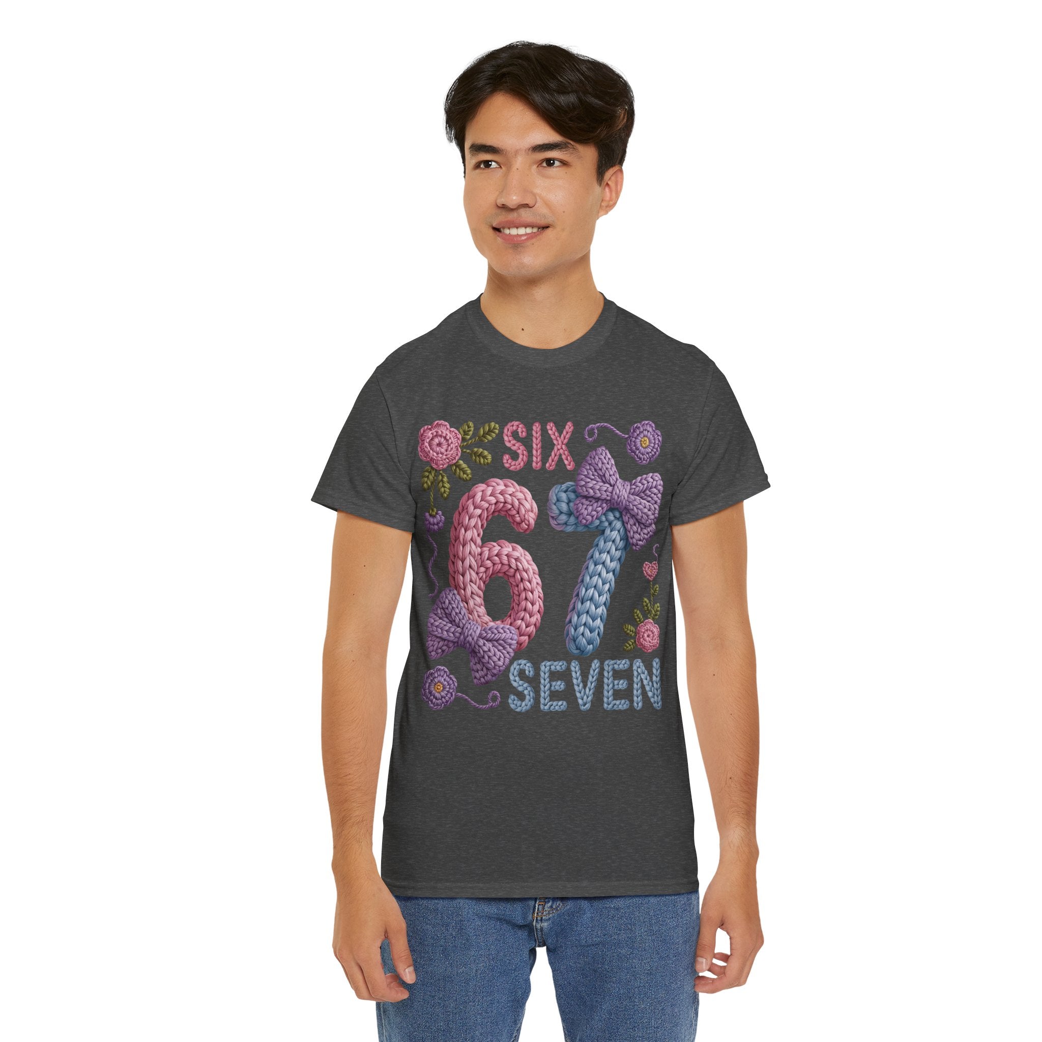 Pastel Crochet Numbers 6 & 7 Tee — Faux-Yarn Bows & Flowers. Unisex Cotton Tee