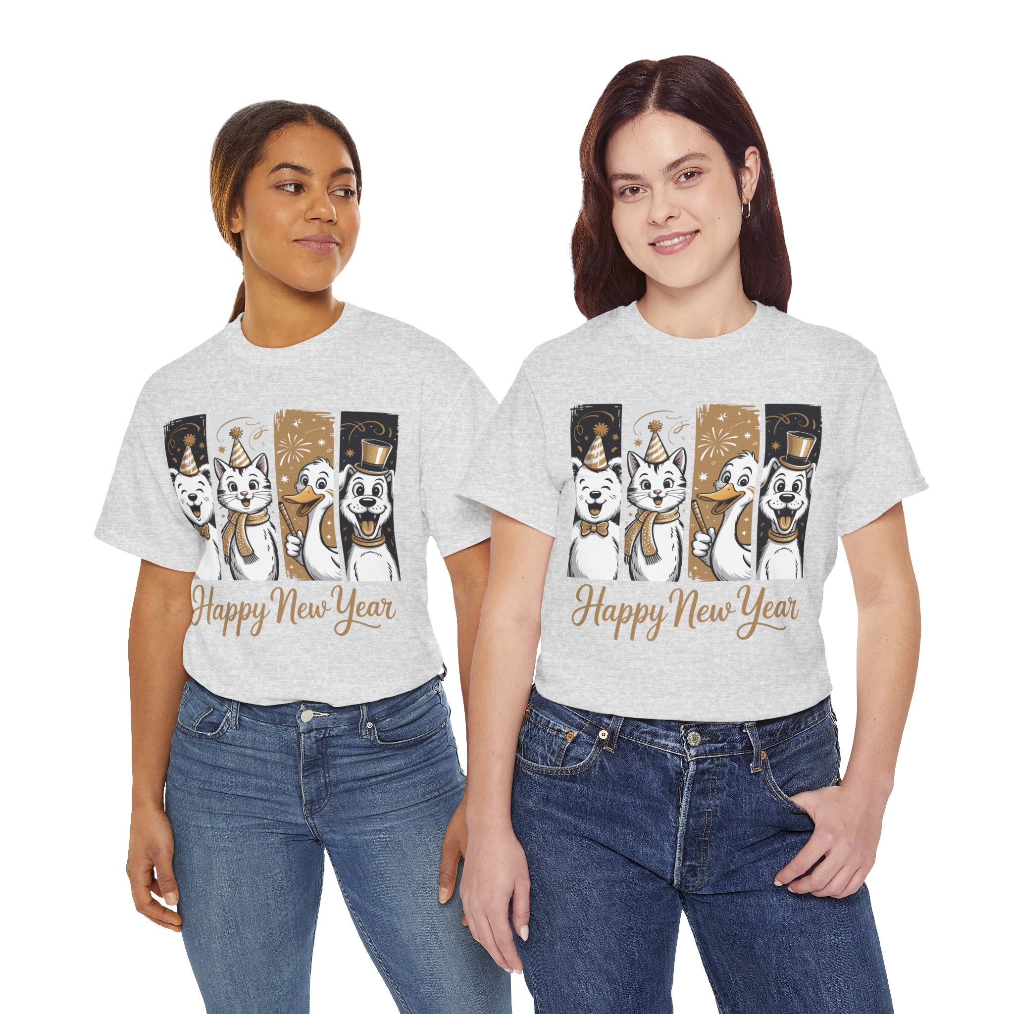 Happy New Year Party Animals T-Shirt — Cute Smiling Animals in Party Hats & Gold Fireworks..Unisex Cotton Tee