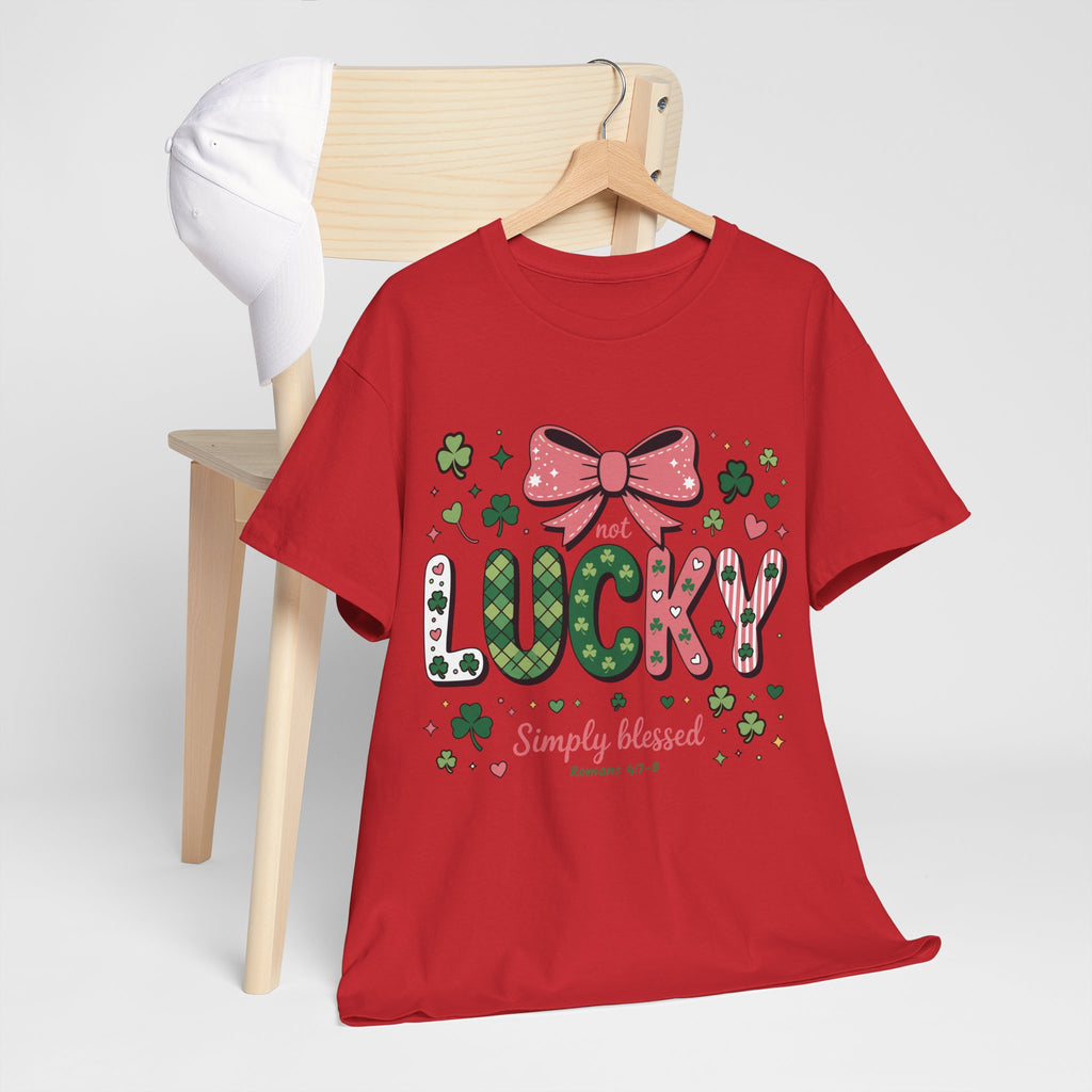 Simply Blessed Tee — “Not Lucky, Simply Blessed” with Pastel Bow, Clovers & Romans 4:7-8 Unisex Cotton Tee